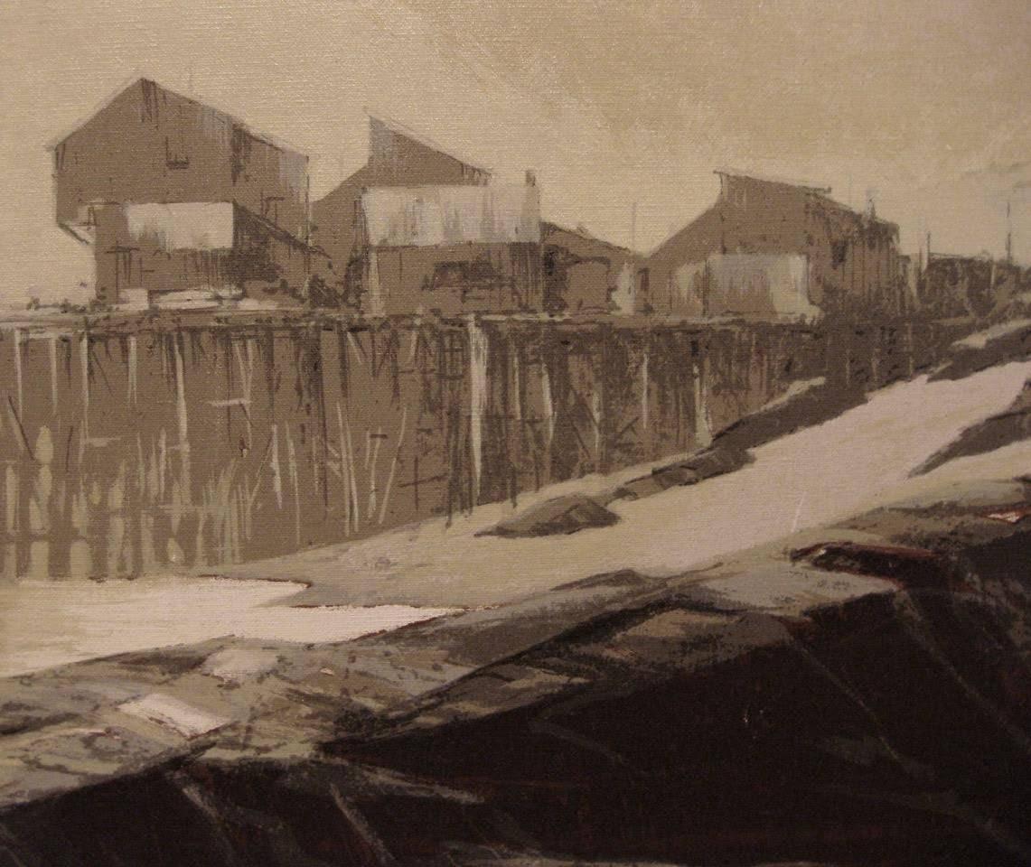 American Tonalist Modernist Ocean Coast Cannery Pier Oil on Canvas by W. Woodward