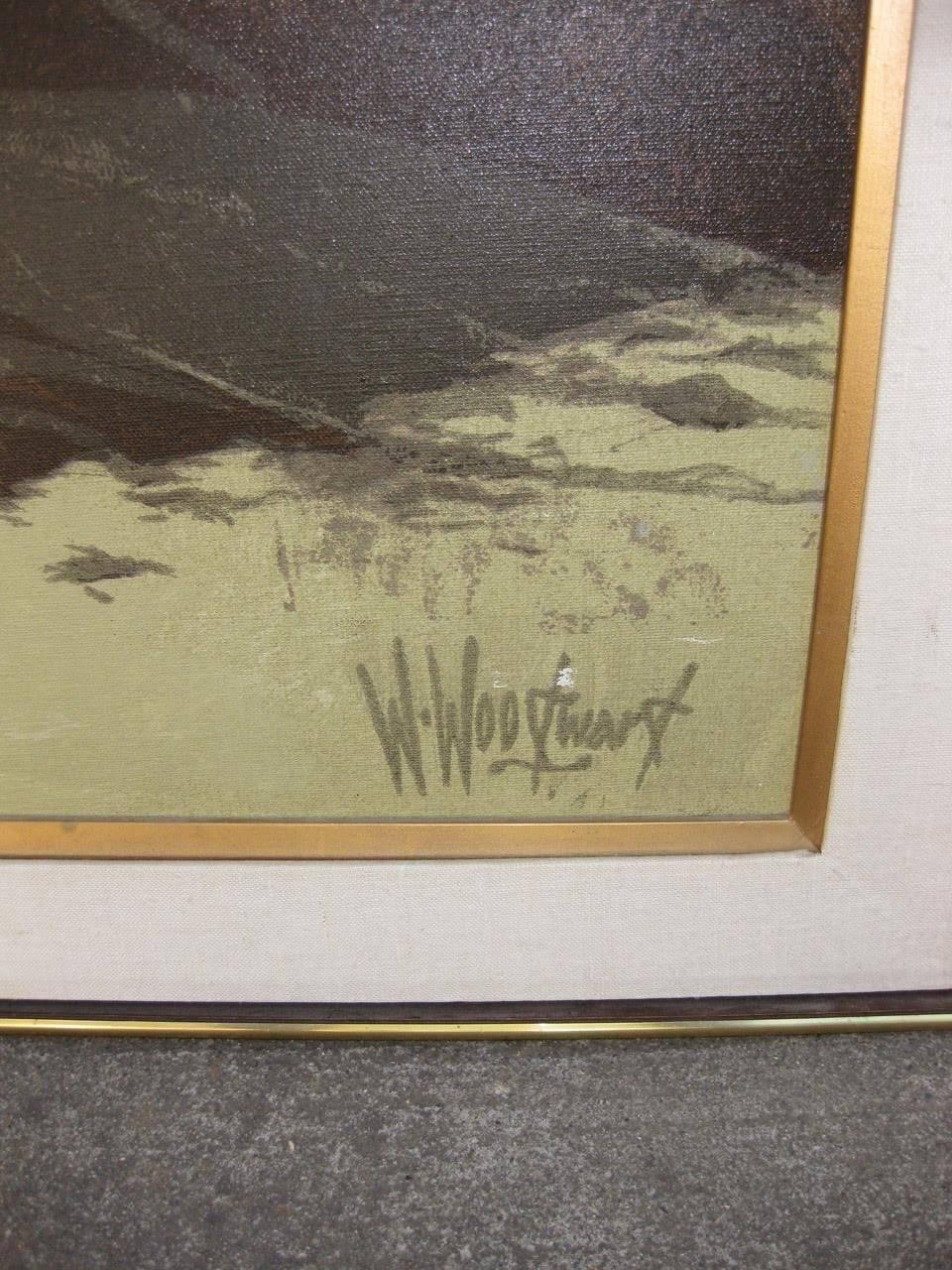 Late 20th Century Tonalist Modernist Ocean Coast Cannery Pier Oil on Canvas by W. Woodward