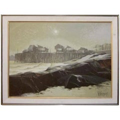 Tonalist Modernist Ocean Coast Cannery Pier Oil on Canvas by W. Woodward