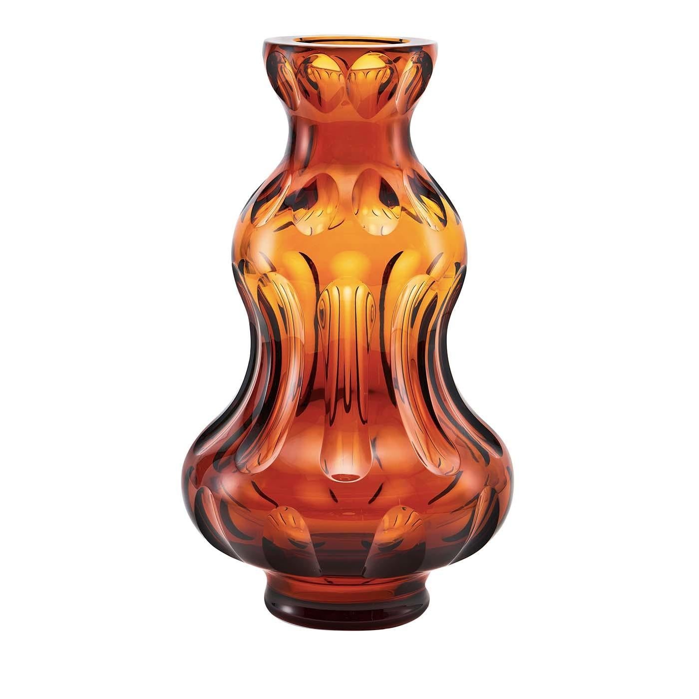 An interpretation of the most powerful force in the world, this crystal vase is named Love and will be a stunning addition to a modern or classic interior. Its cognac-colored curves create an elegant and sinuous silhouette that is enriched with a