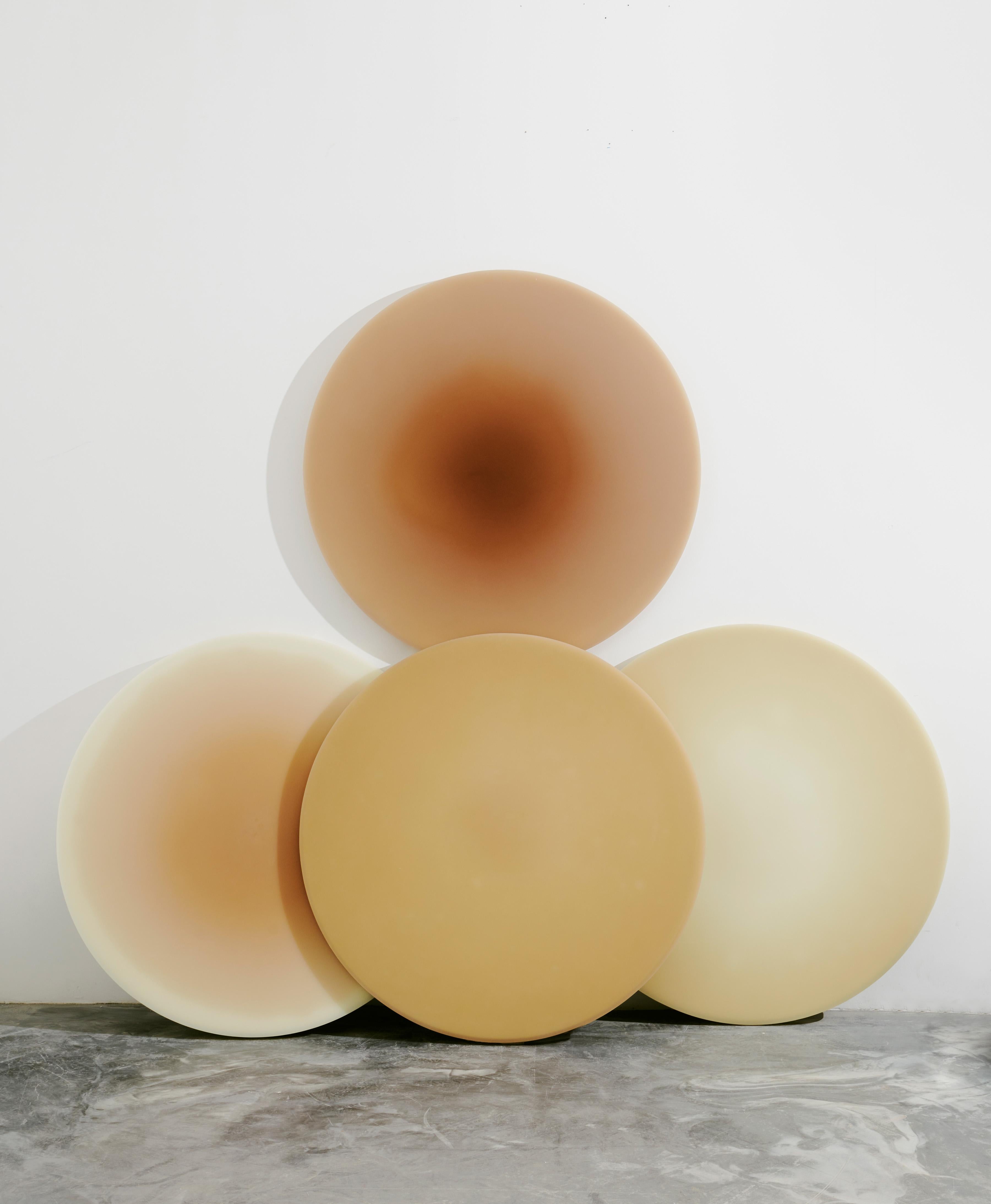 Tone Halo II by Facture
Resin, aluminum, wood
Measures: L 48 × W 48 × H 1.5 in
L121.92 × W121.92 × H 3.81cm


A large circular wall object features a soothing hue transitioning from a dark nude tone to a medium nude tone. The shifting saturation