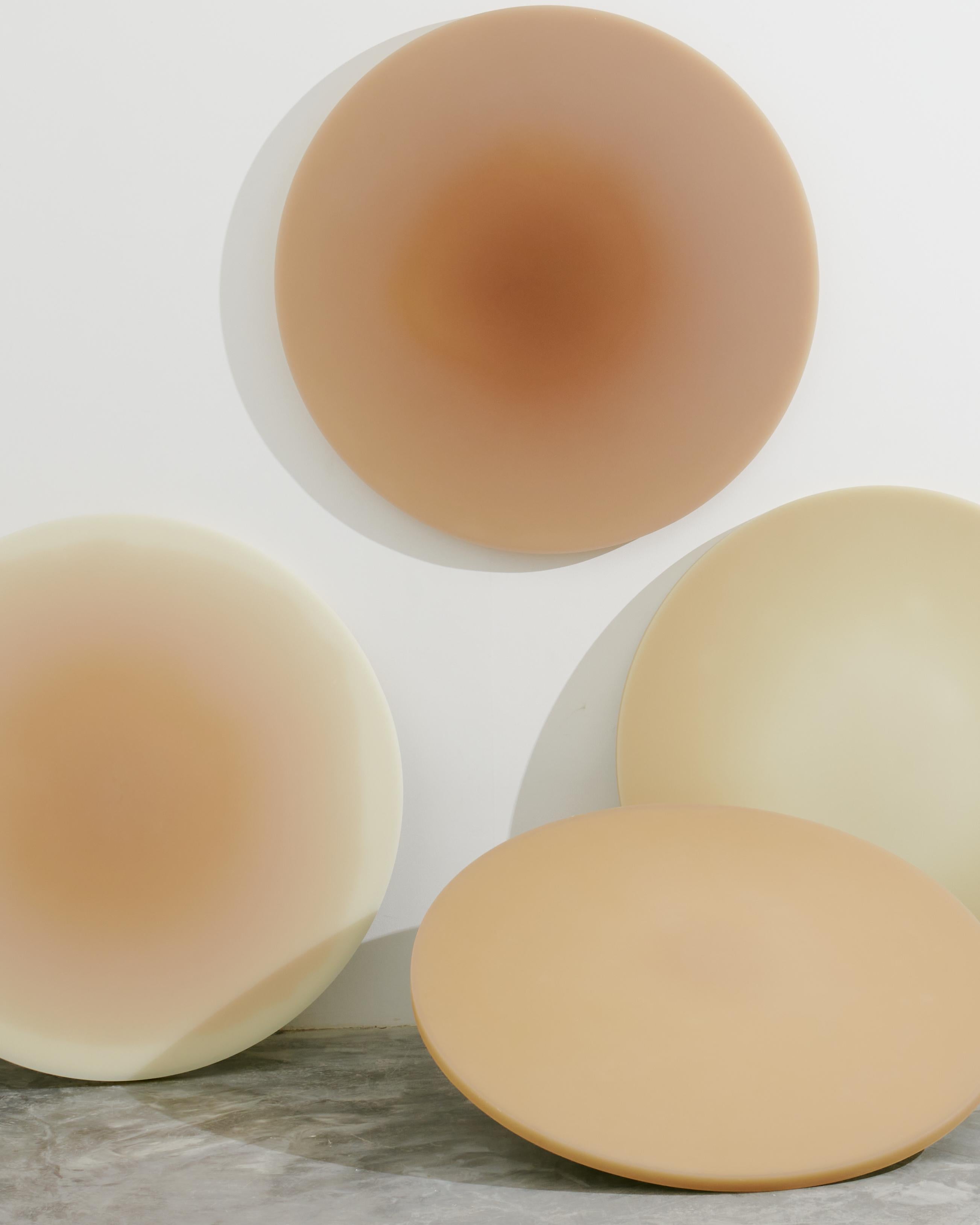 Tone Halo III by Facture
Resin, Aluminum, Wood
L 48 × W 48 × H 1.5 in
L121.92 × W121.92 × H 3.81cm


A large circular wall object features a soothing hue transitioning from a medium nude tone to a light nude tone. The shifting saturation levels