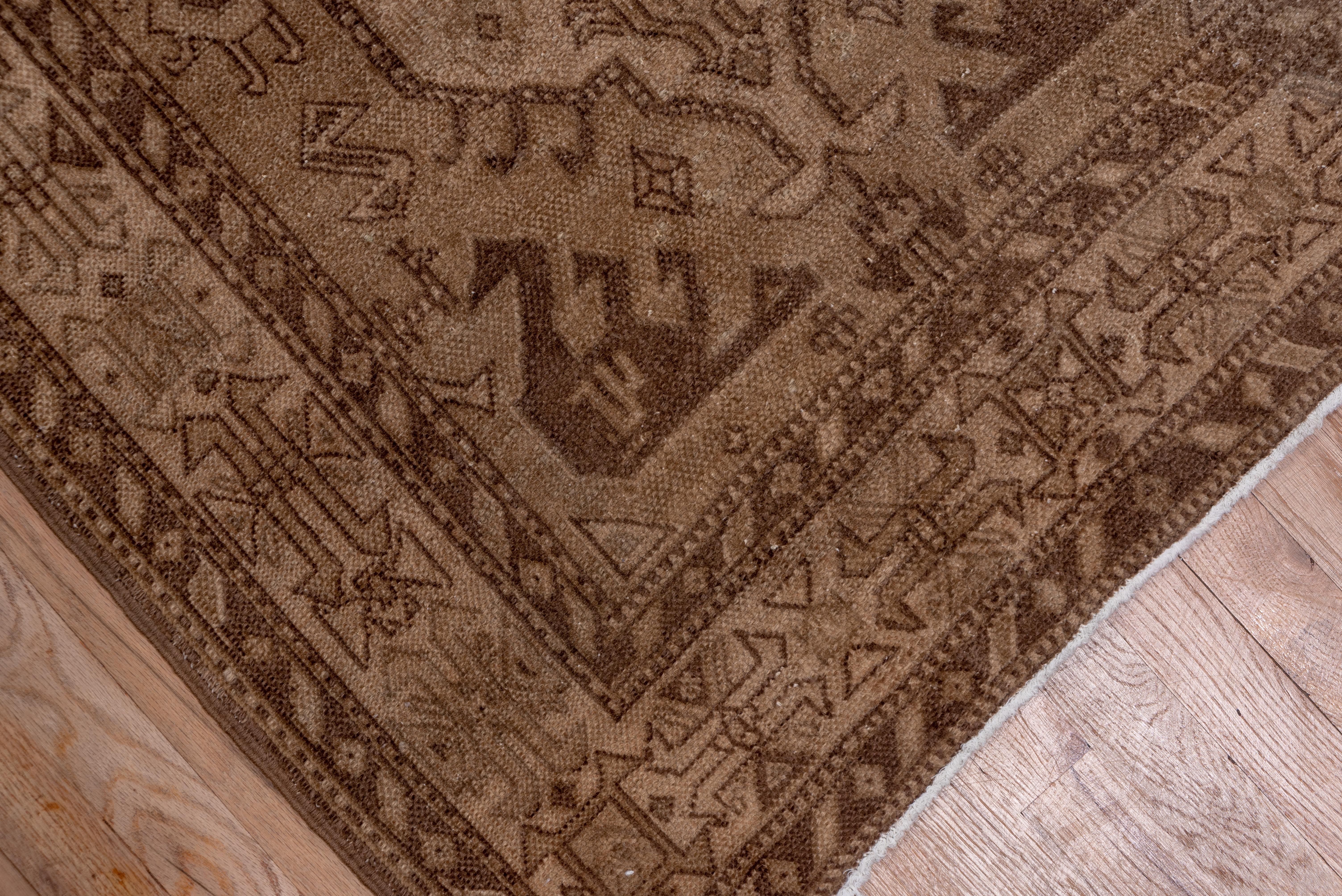 This runner has a light brown field displaying five sparsely hooked cartouches in beige and dark brown. Divided hooked triangle lateral fillers. Cream border with triangles, straight C shapes and squares. Quasi-Caucasian general geometric style. A