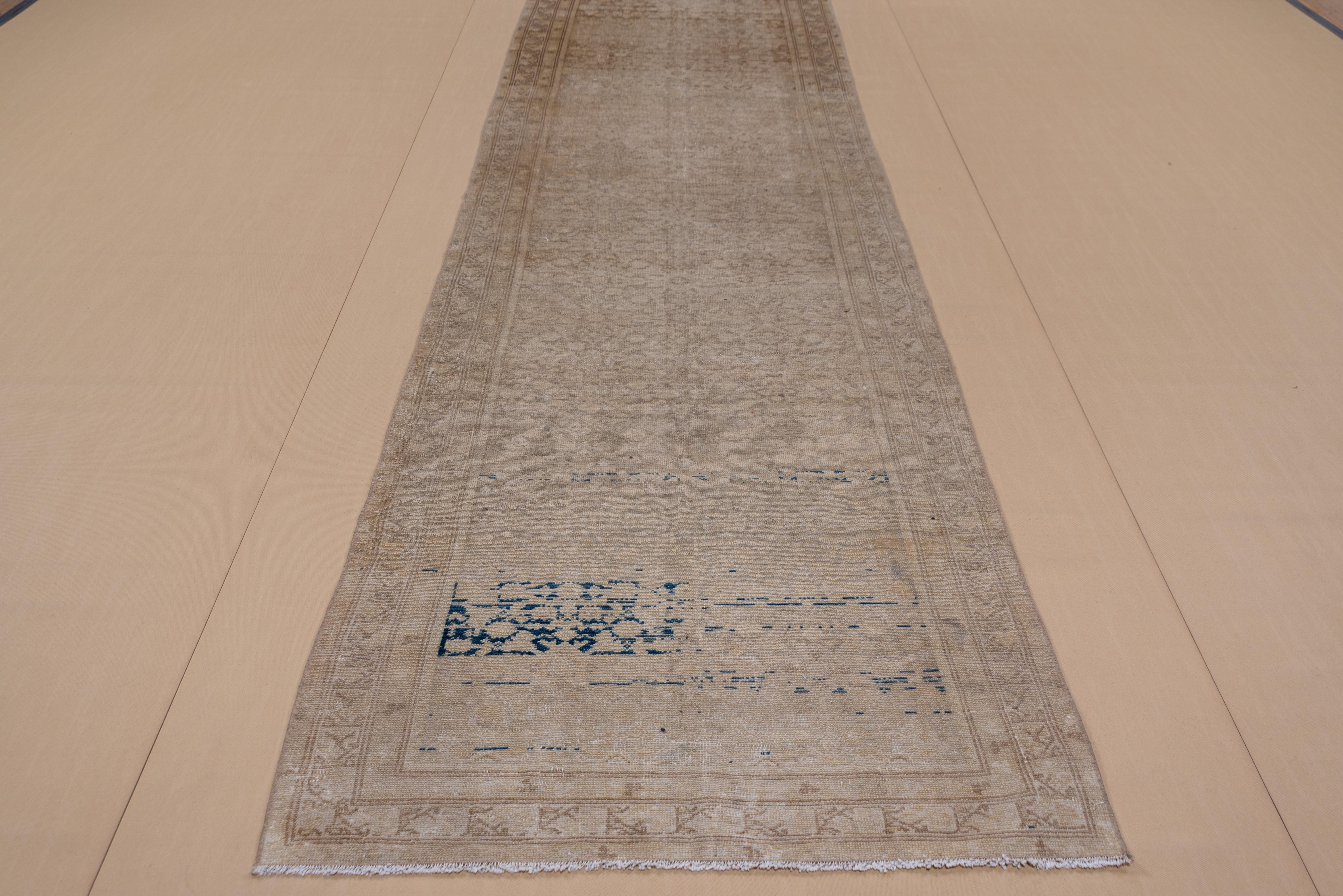 There are only a few bits of dark brown abrash in the general oatmeal beige tonality of this rather flat west Persian village runner. The tonal effect is tone-on-tone, beige on oatmeal.