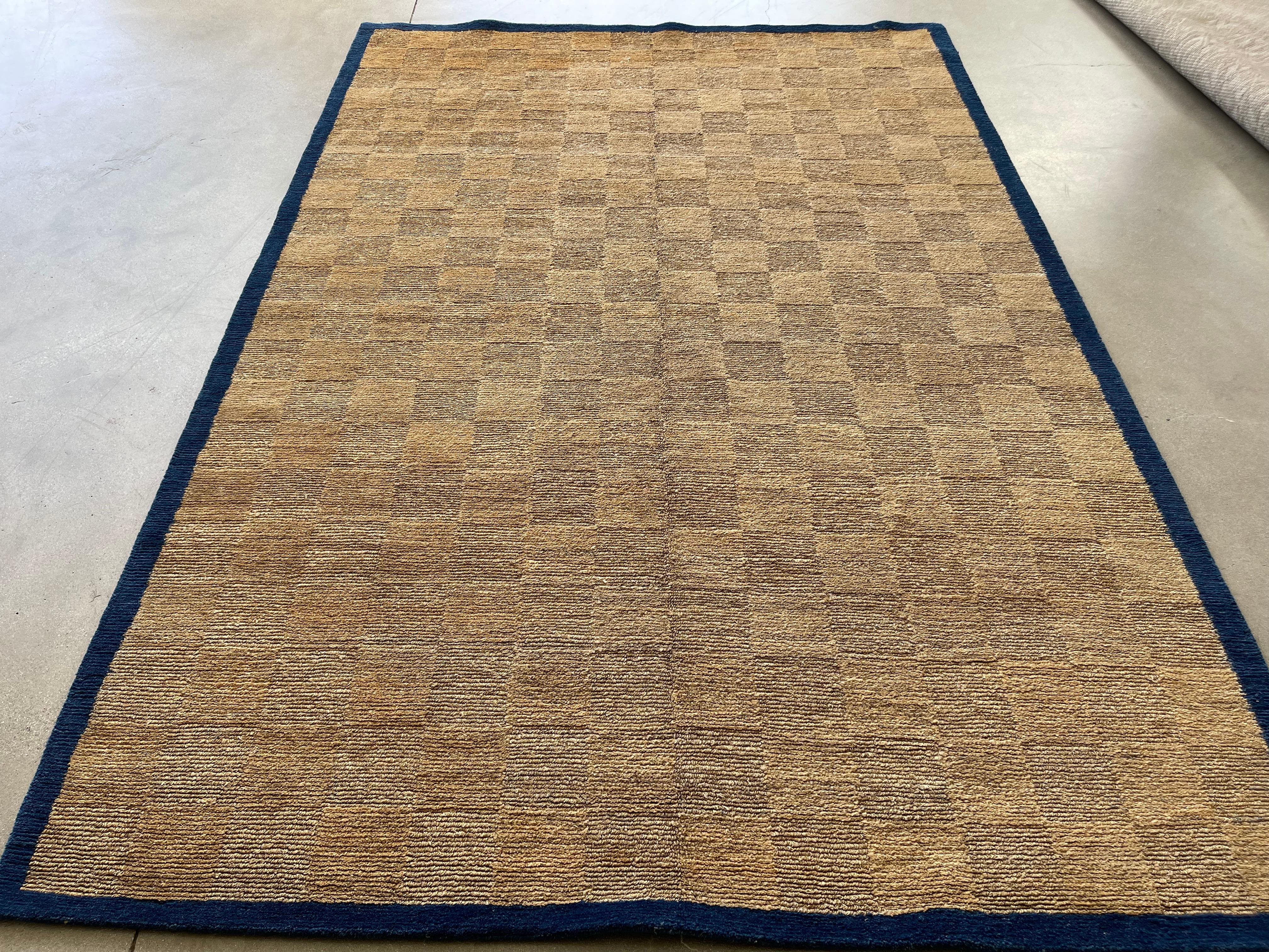 Hand-Knotted Tone on Tone Checkered Rug with Navy Border For Sale