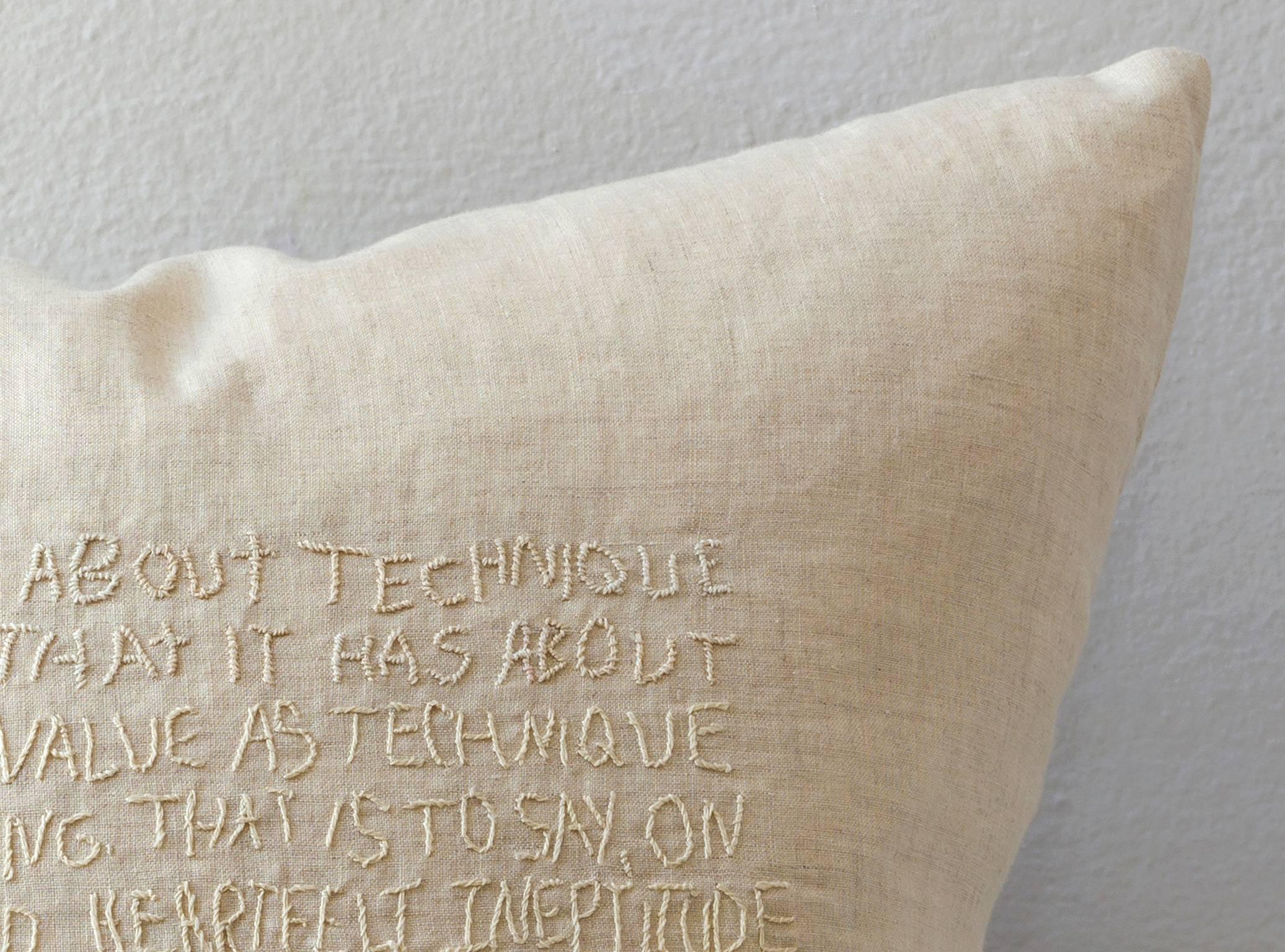 American Tone on Tone Embroidered Text Cushion with John Barth Quote For Sale