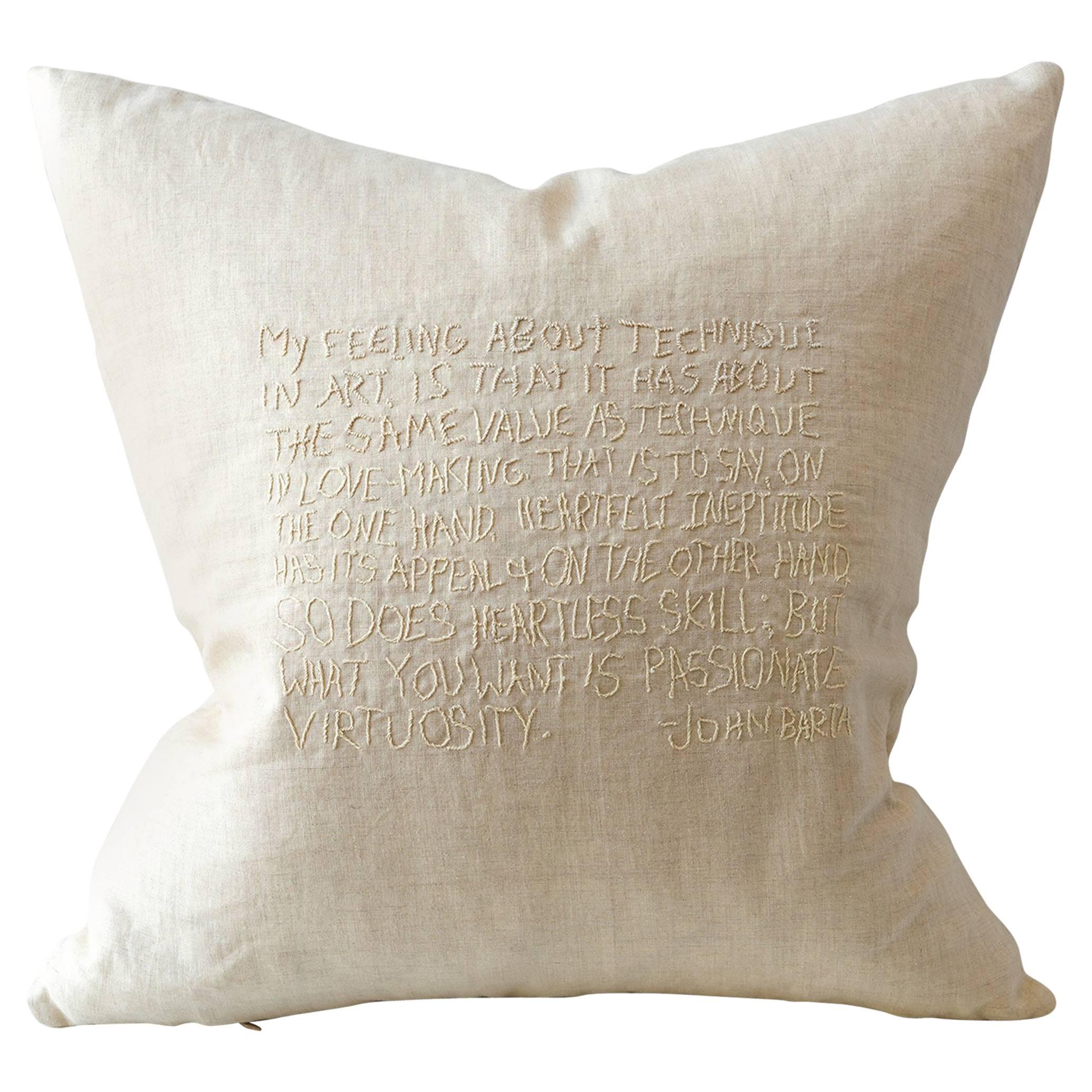 Tone on Tone Embroidered Text Cushion with John Barth Quote For Sale