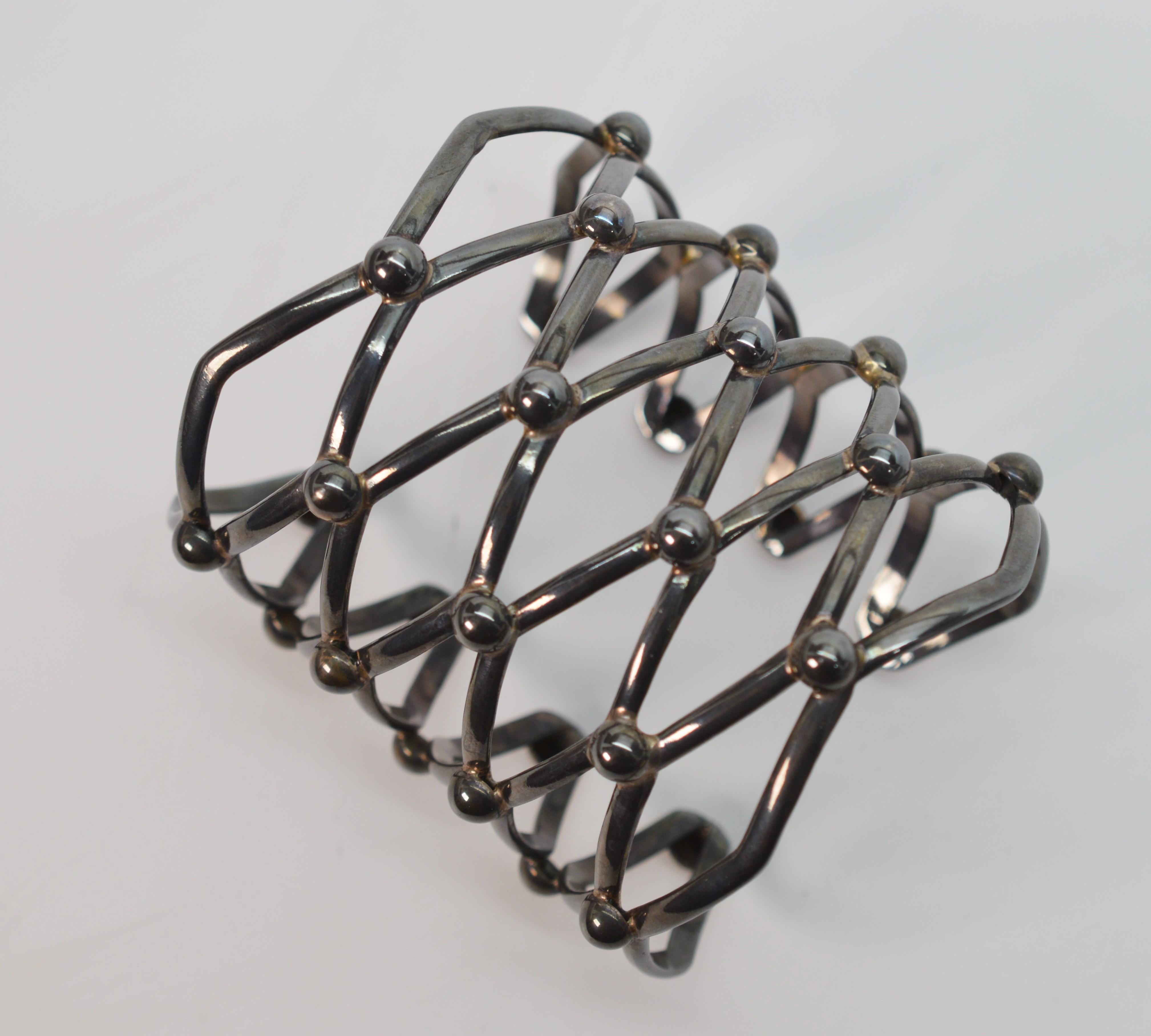 Toned Silver Large Lattice Cuff Bracelet In Excellent Condition For Sale In Mount Kisco, NY