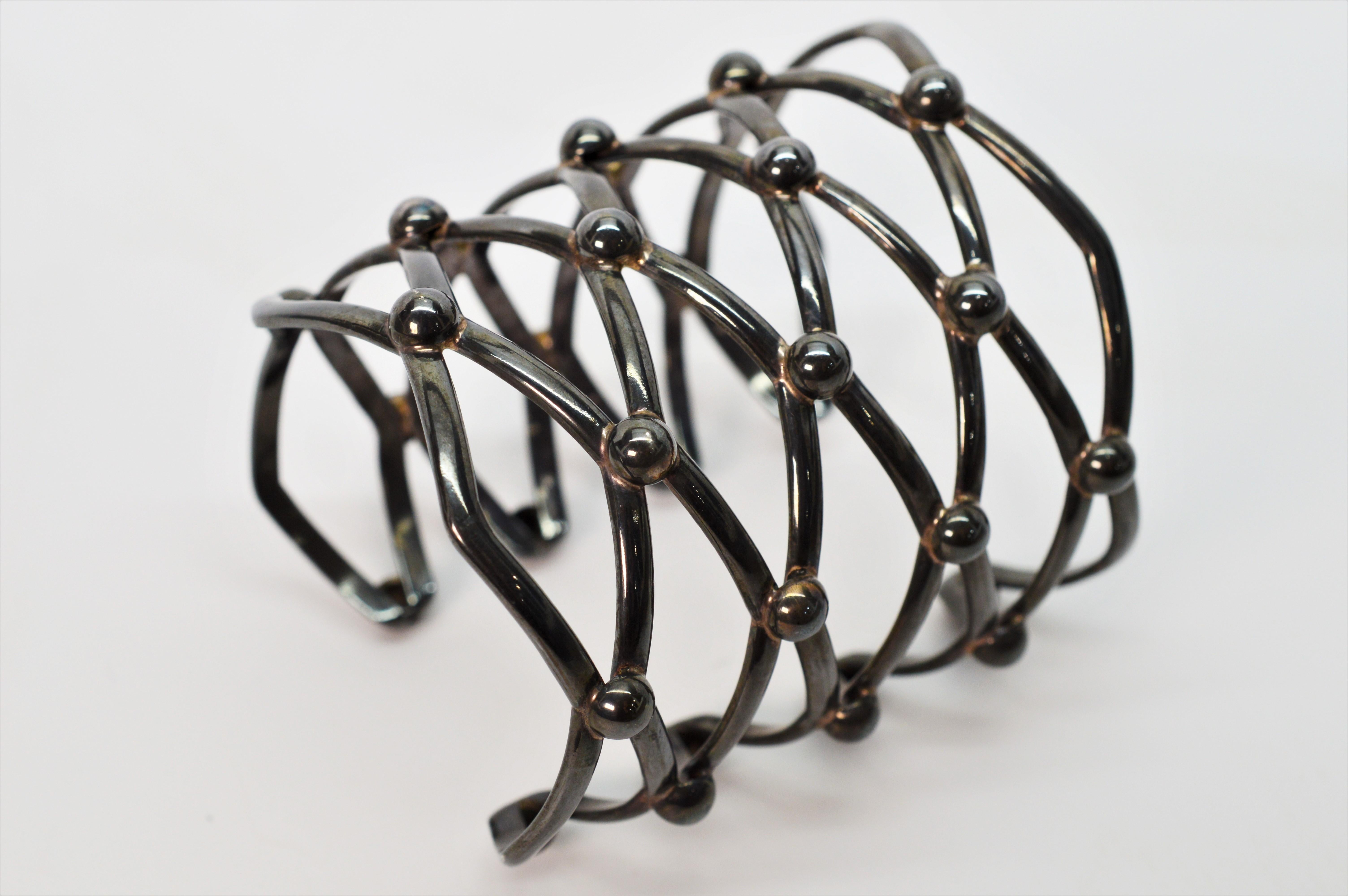 Toned Silver Large Lattice Cuff Bracelet For Sale 5