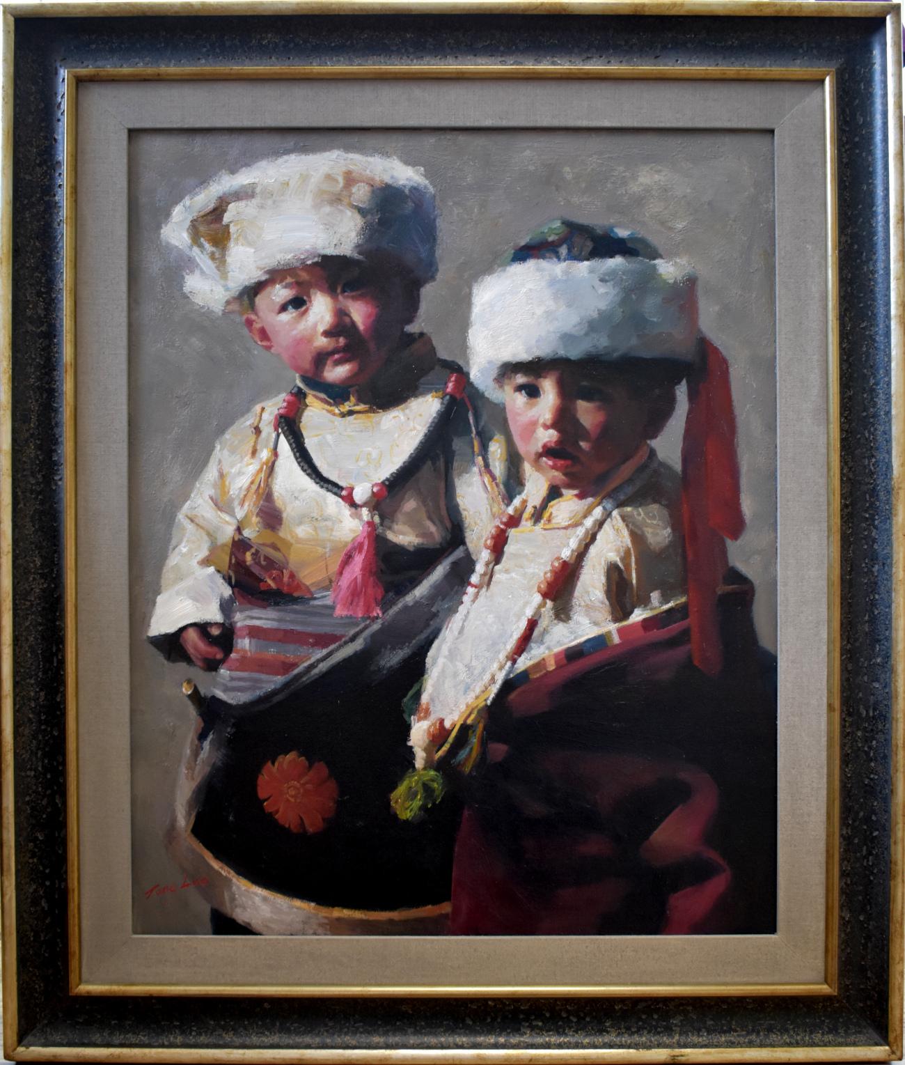Tong Luo Figurative Painting - "Two Boys" CHINESE YOUNG BOYS.  ADORABLE