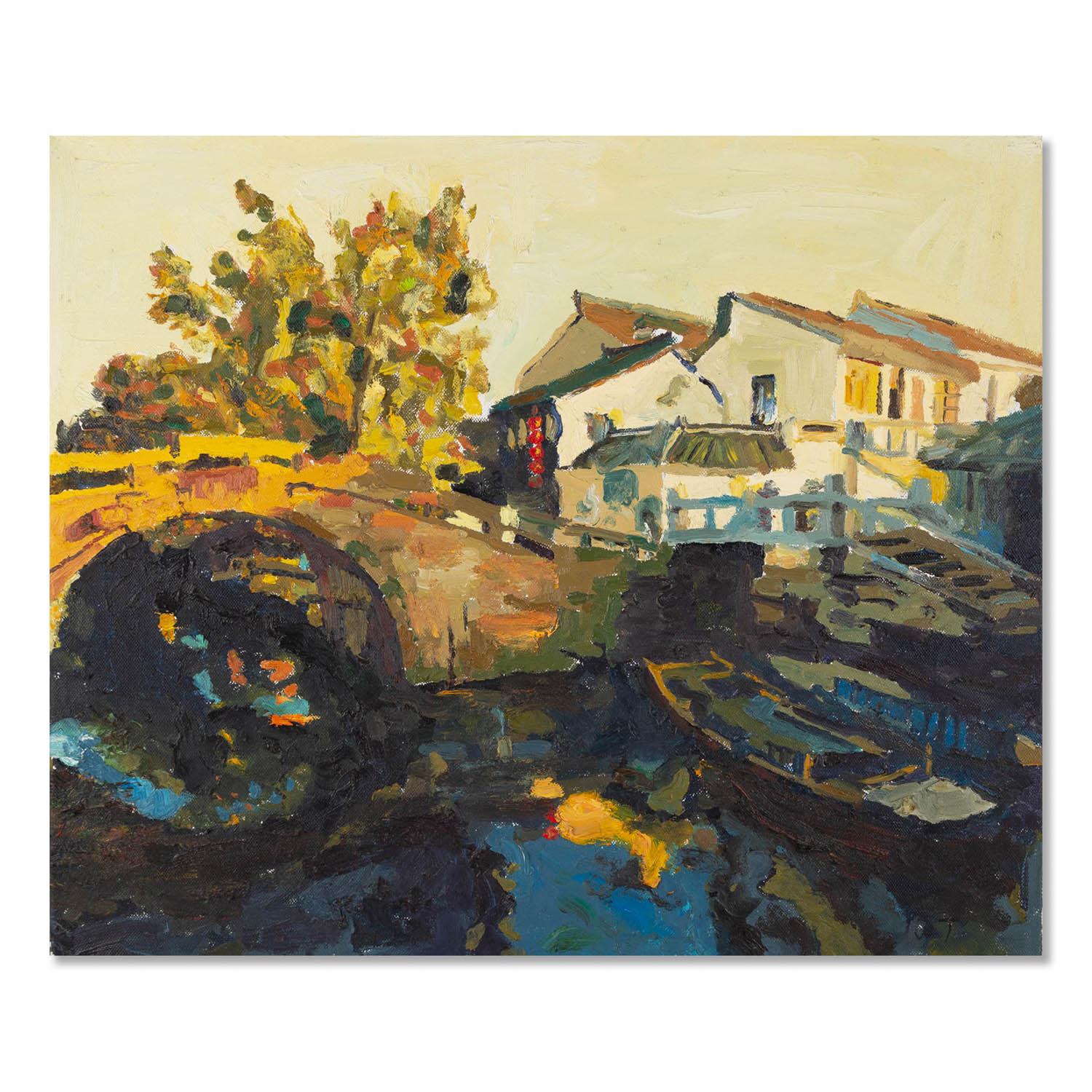  Title: Water Village 11
 Medium: Oil on canvas
 Size: 23 x 19 inches
 Frame: Framing options available!
 Condition: The painting appears to be in excellent condition.
 
 Year: 2014
 Artist: Tong Wu
 Signature: Signed
 Signature Location: Bottom