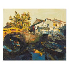 Tong Wu Impressionist Original Oil On Canvas "Water Village - Sunset"