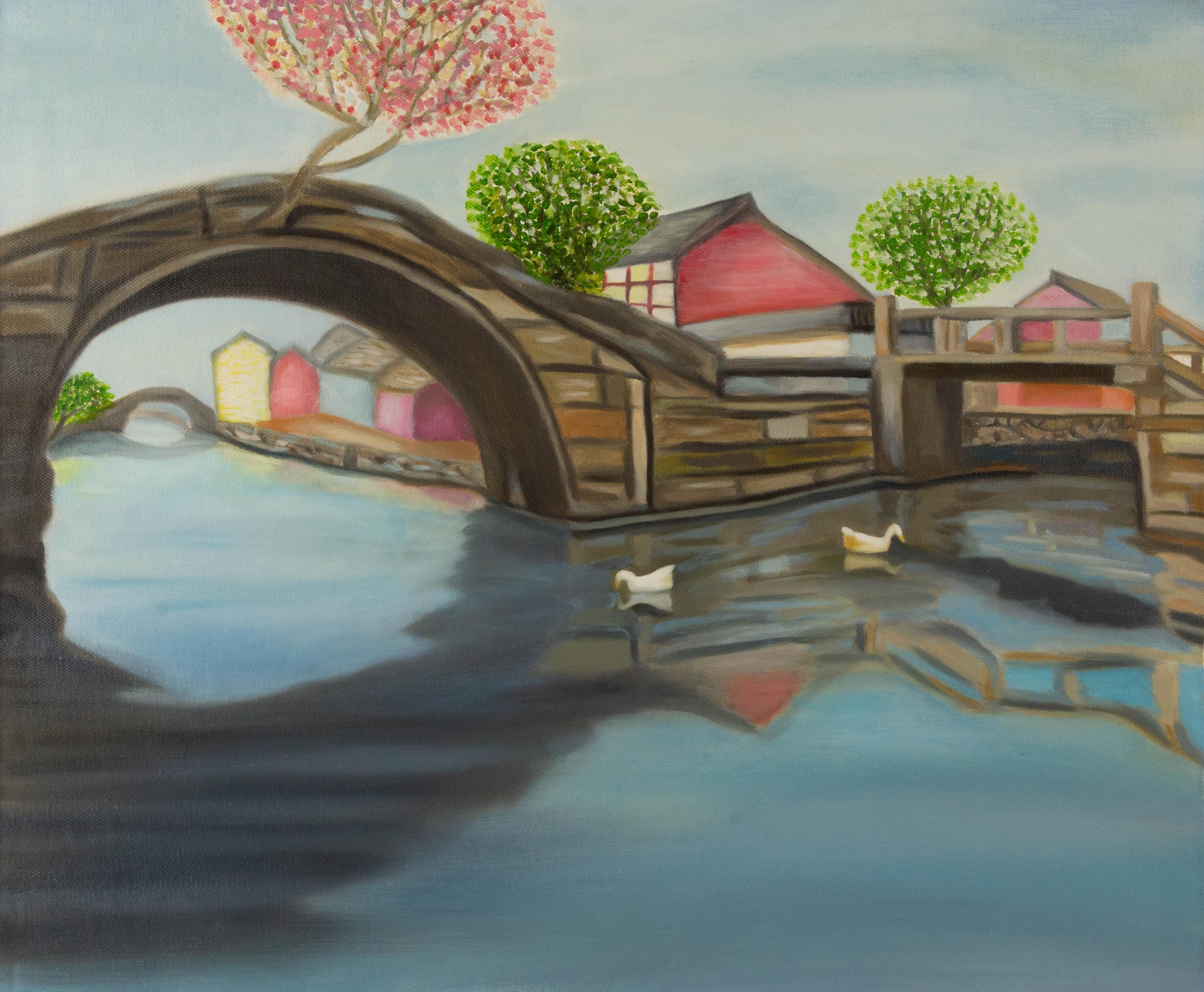  Title: Under the Bridge
 Medium: Oil on canvas
 Size: 19.5 x 23.5 inches
 Frame: Framing options available!
 Condition: The painting appears to be in excellent condition.
 Note: This painting is unstretched, shipped rolled unless stretching/framing