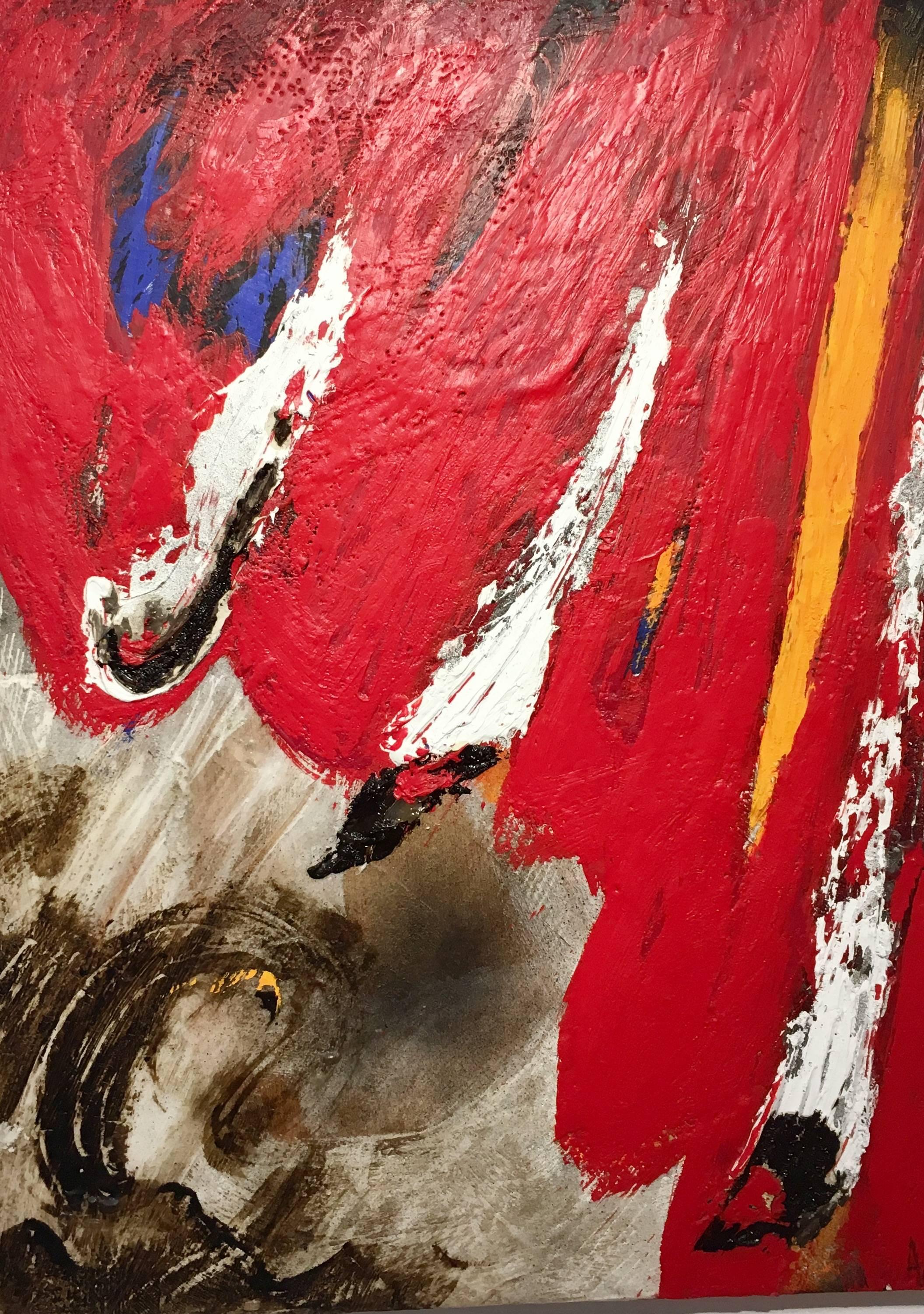 Toni AMAT Abstract Painting - Antoni Amat    Red  Vertical  original abstract mixed media acrylic painting