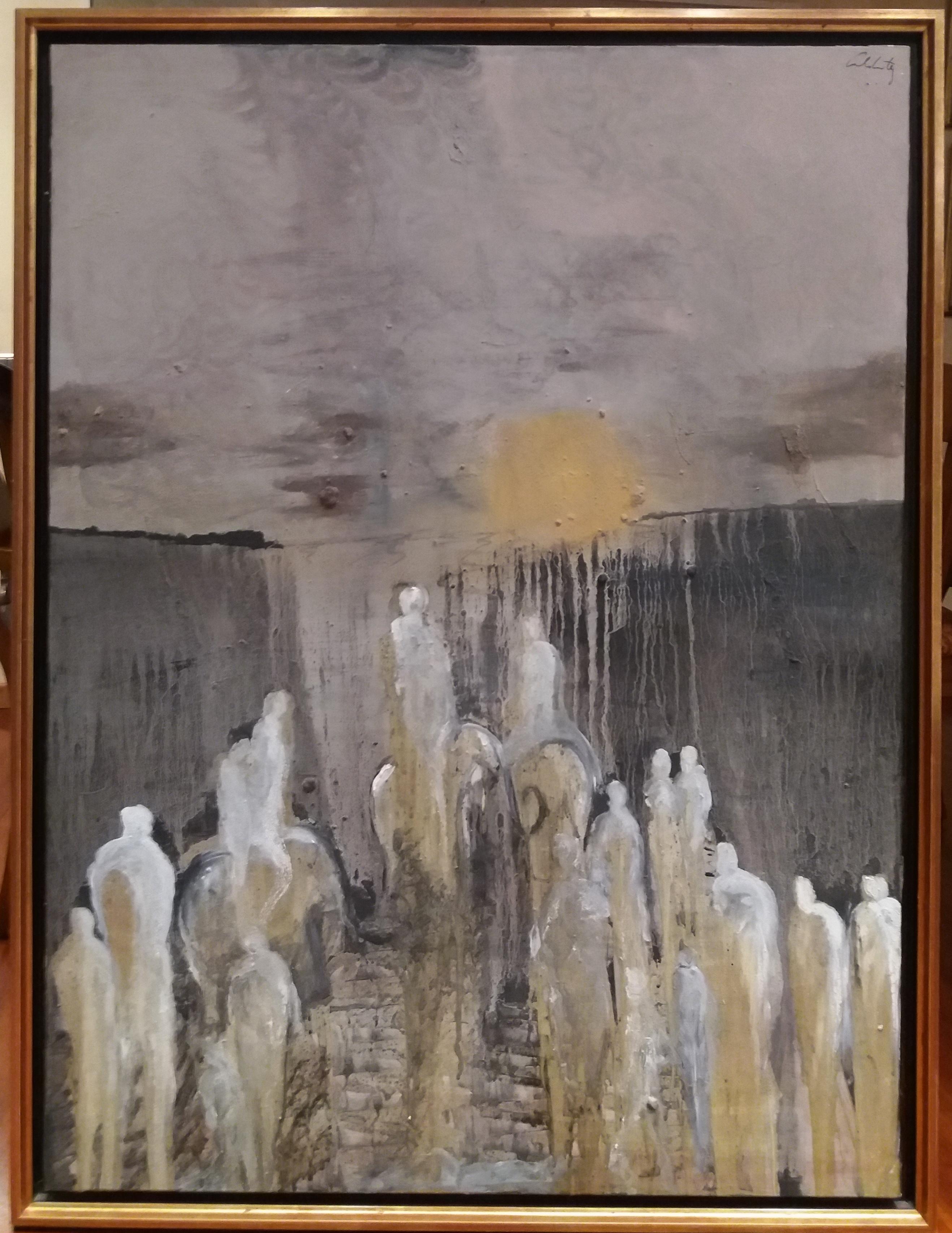 Toni CALDENTEY Abstract Painting - Caldentey Vertical Grey  Characters  Original Neo-expressionist Acrylic