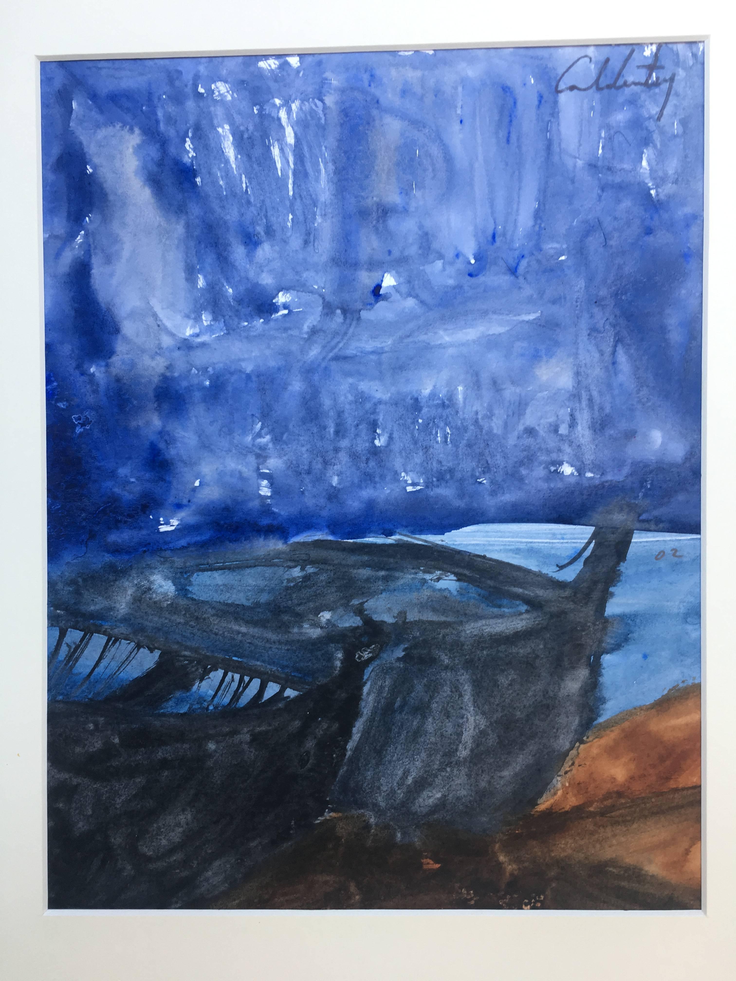 Caldentey 9 Vertical  Little  Blue  Boat  original neo-expressionist acrylic - Neo-Expressionist Painting by Toni CALDENTEY