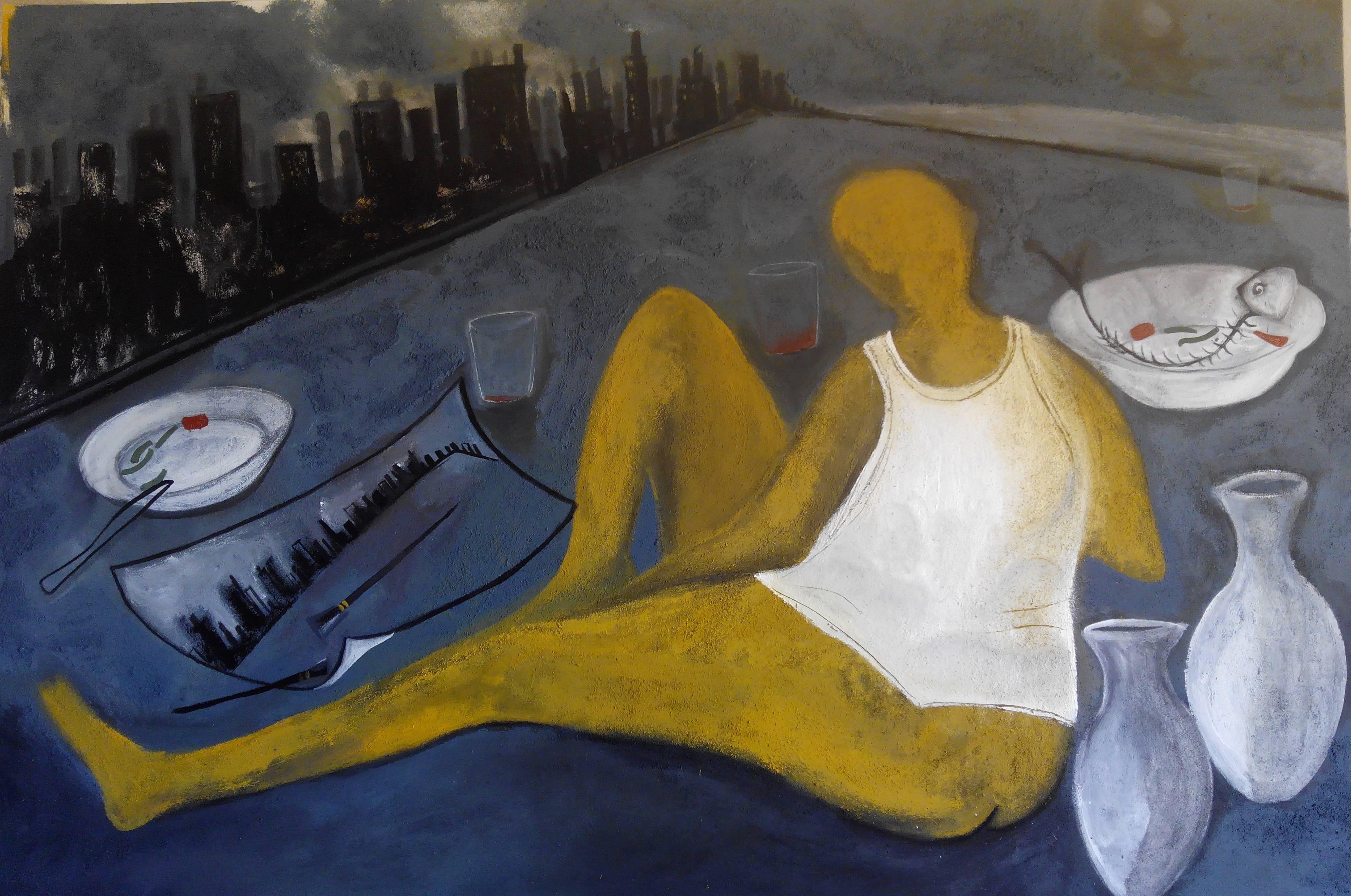 Caldentey 42  Azul  Dorado Muy Grande  pintura acrílica neoexpresionista original - Painting de Toni CALDENTEY