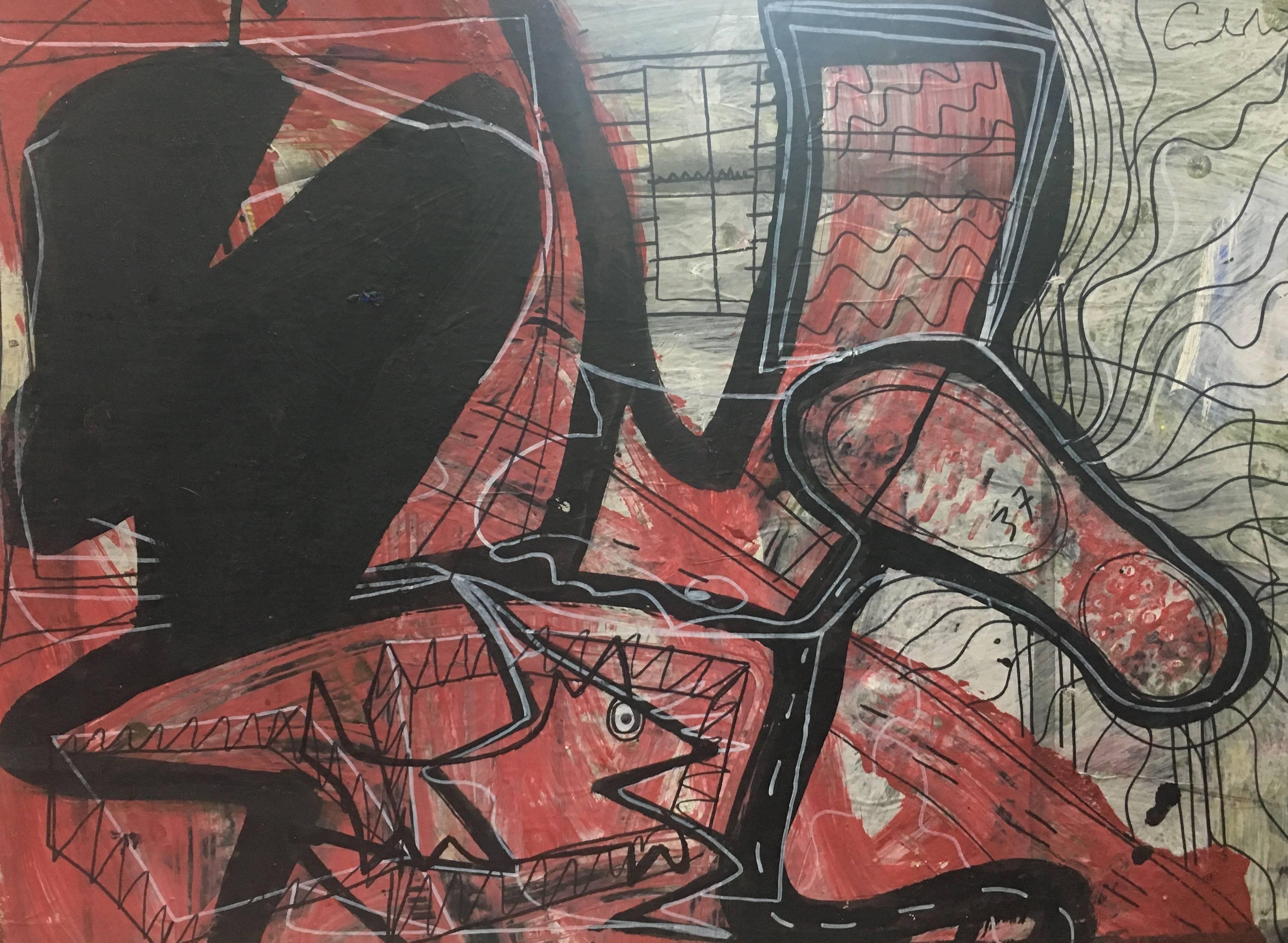 Caldentey abstract Red and Black original. neo-expressionist acrylic paper - Abstract Painting by Toni CALDENTEY