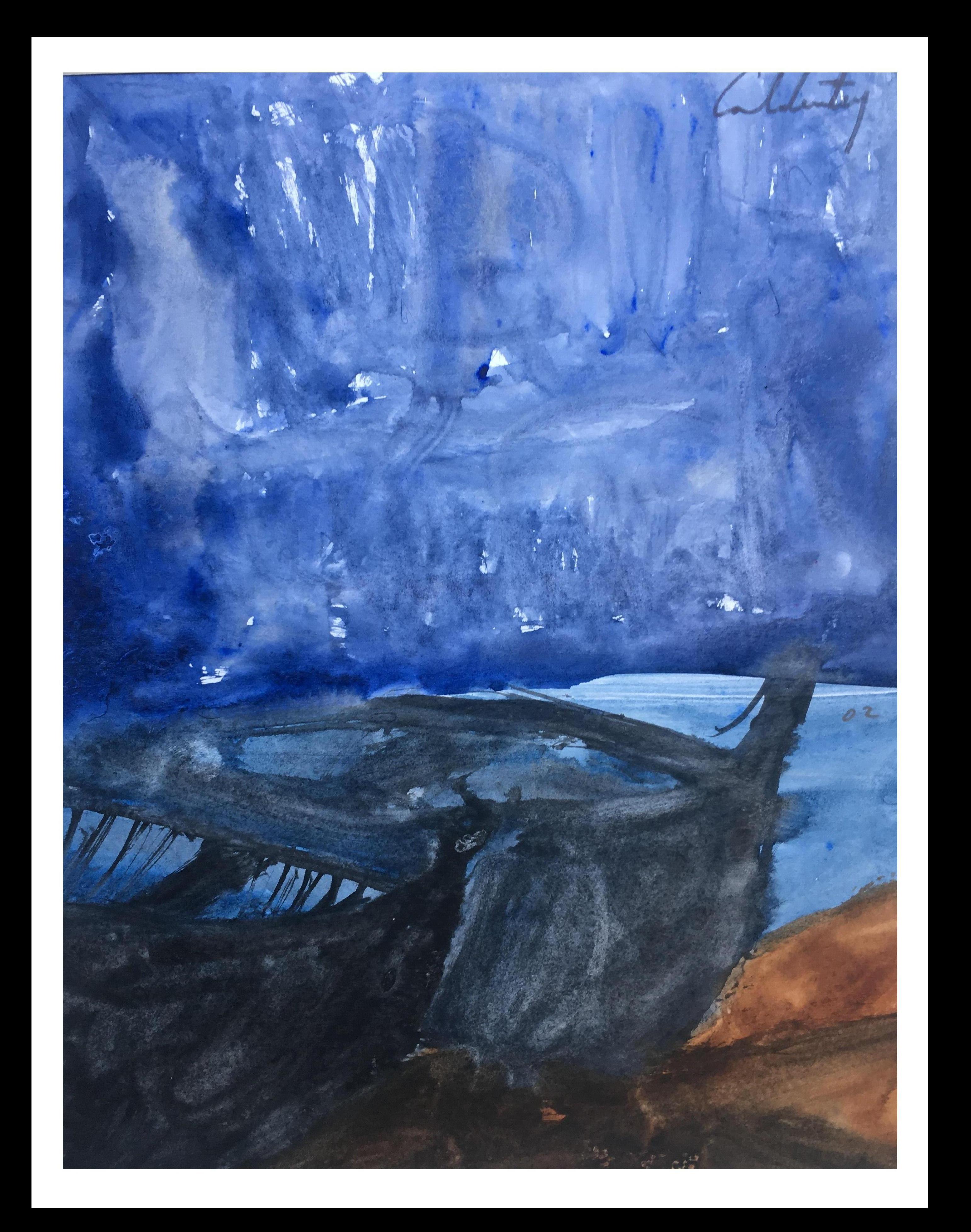 Toni CALDENTEY Abstract Painting - Caldentey 9 Vertical  Little  Blue  Boat  original neo-expressionist acrylic