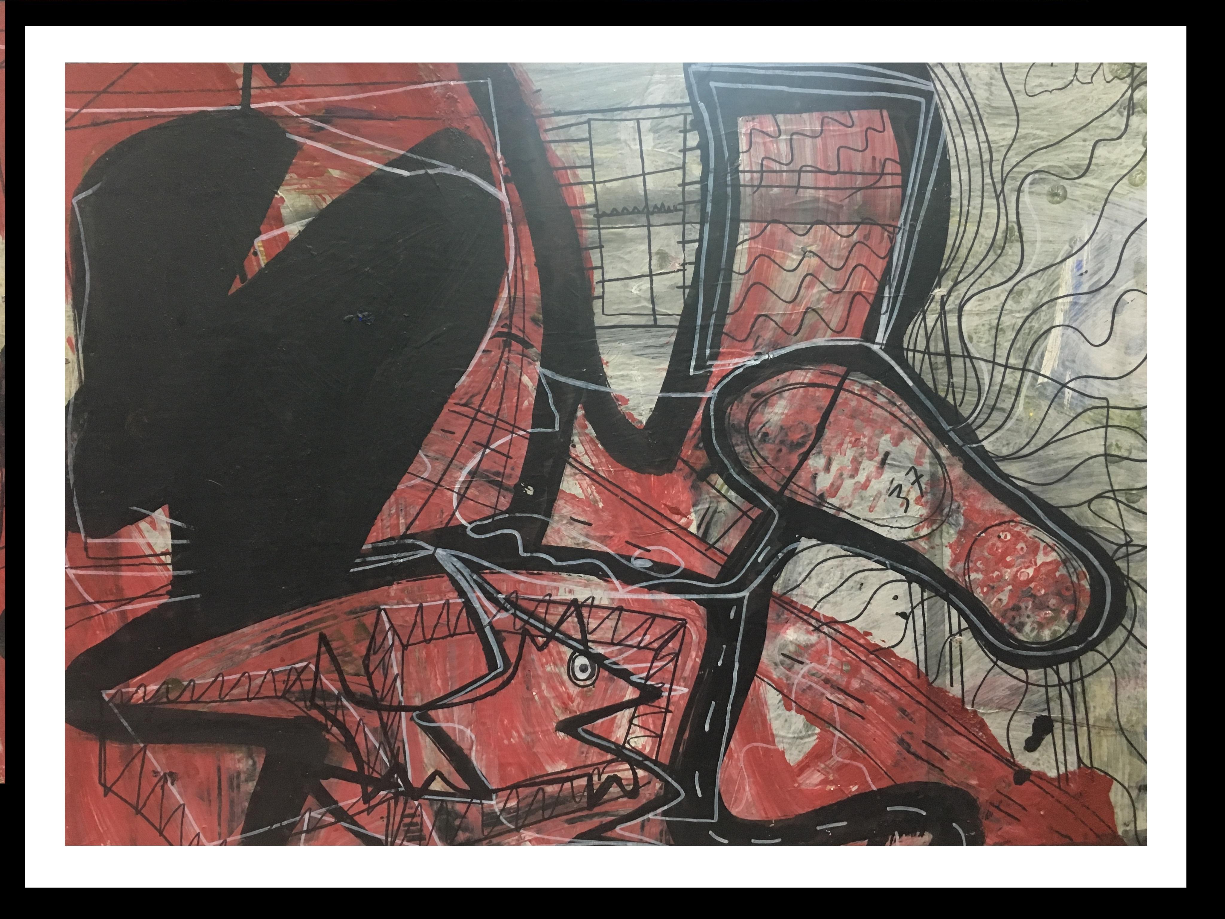 Caldentey abstract  Red and Black  original. neo-expressionist acrylic paper - Painting by Toni CALDENTEY
