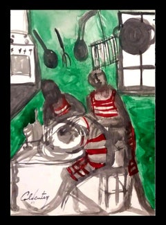 Caldentey   Bar originale pittura neo figurativa su carta acrilica