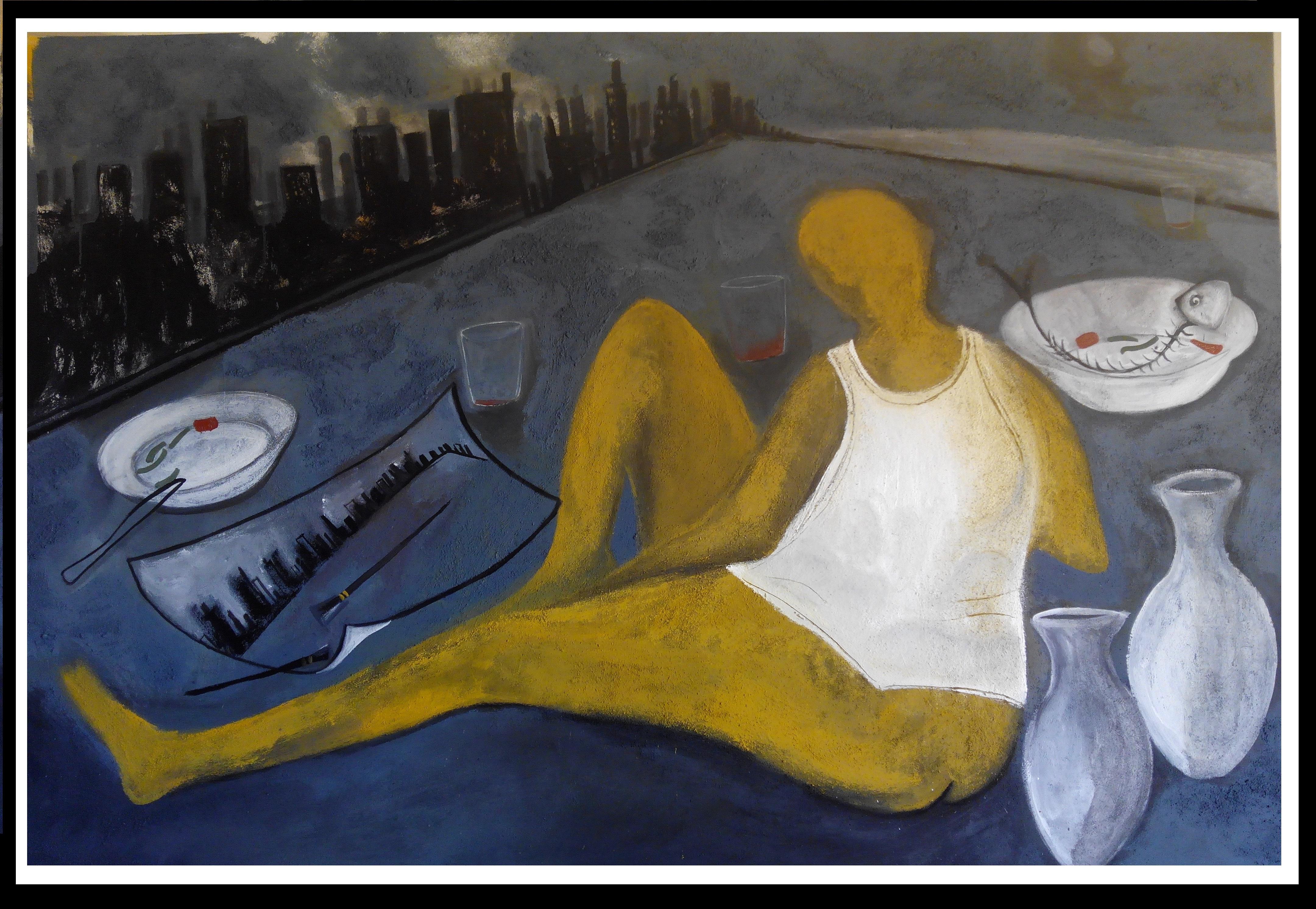 Caldentey Bleu doré Très grand tableau original néo-expressionniste à l'acrylique