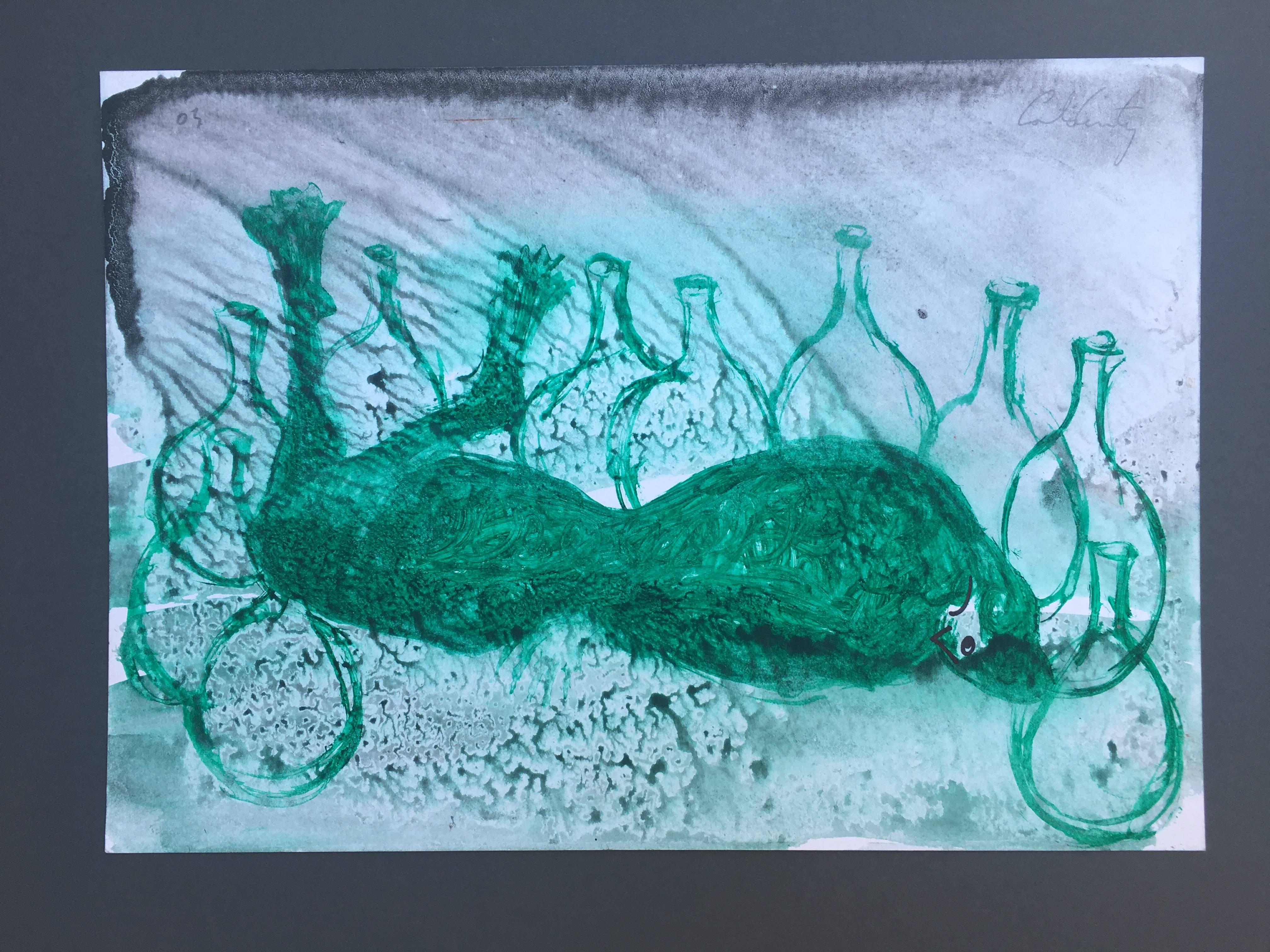 Caldentey Bottles  original neo-expressionist acrylic painting - Painting by Toni CALDENTEY