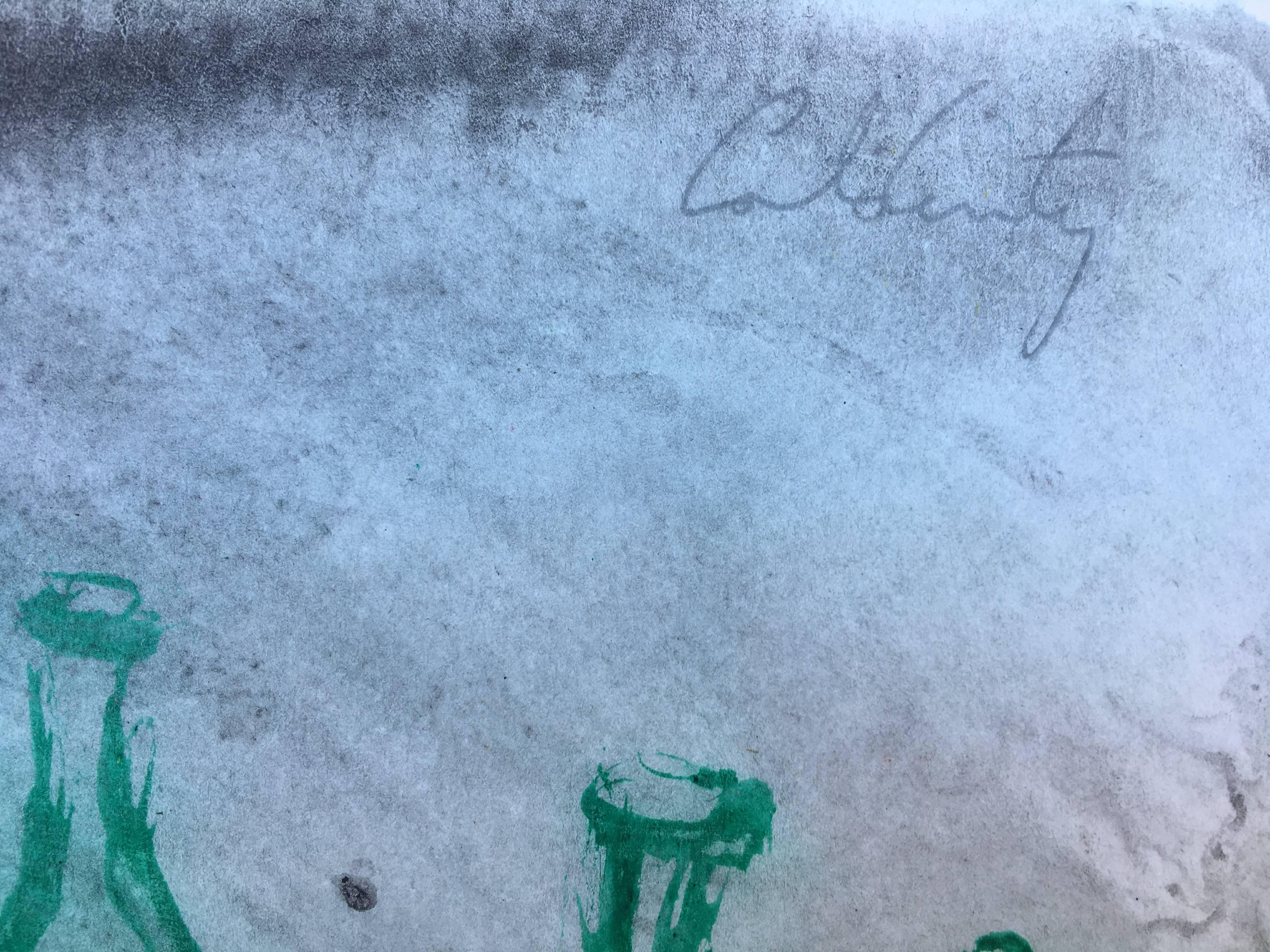 Caldentey Bottles  original neo-expressionist acrylic painting - Blue Abstract Painting by Toni CALDENTEY