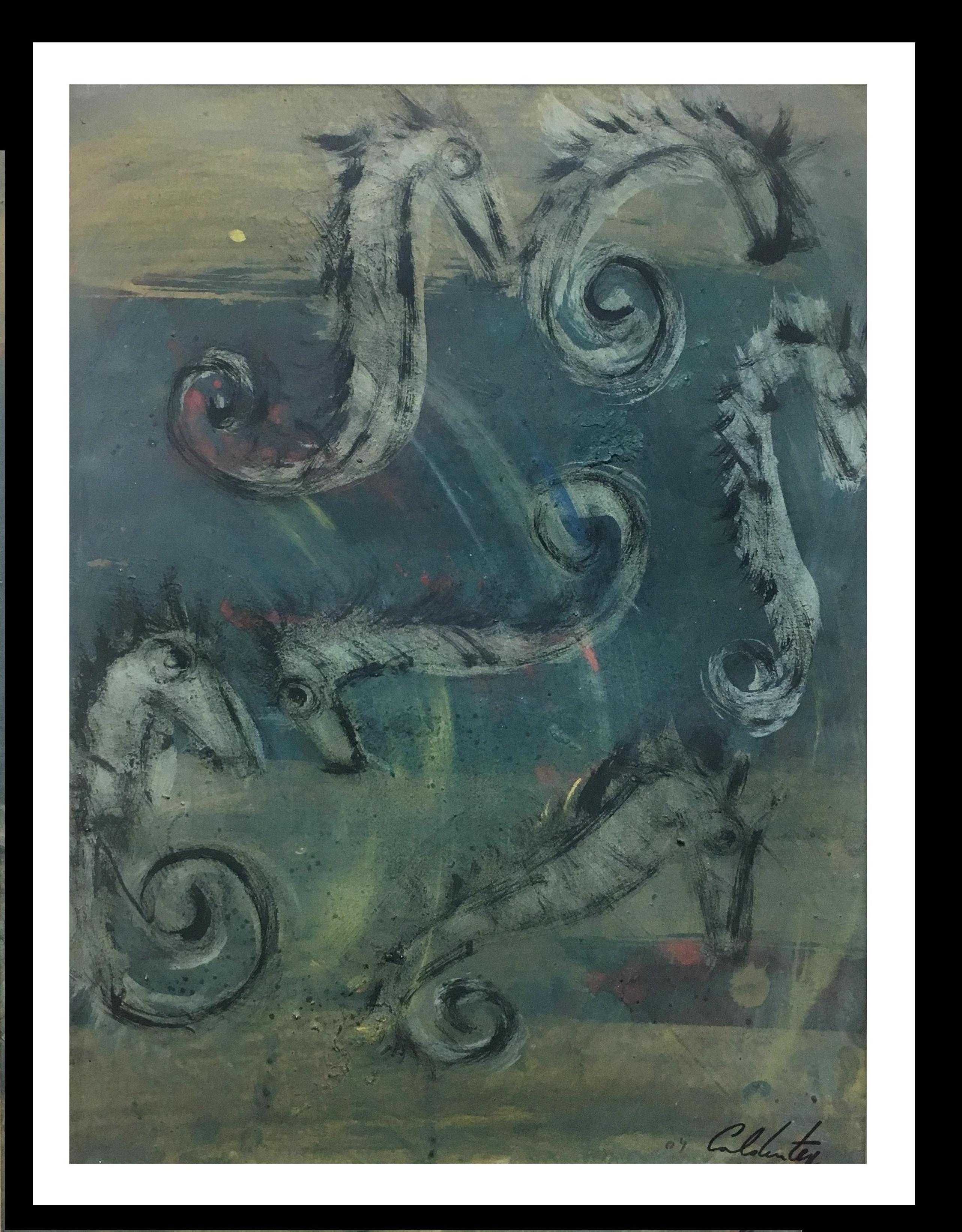 Caldentey  Grün Vertikal  Seepferdchen  Originales neoexpressionistisches Acryl – Painting von Toni CALDENTEY