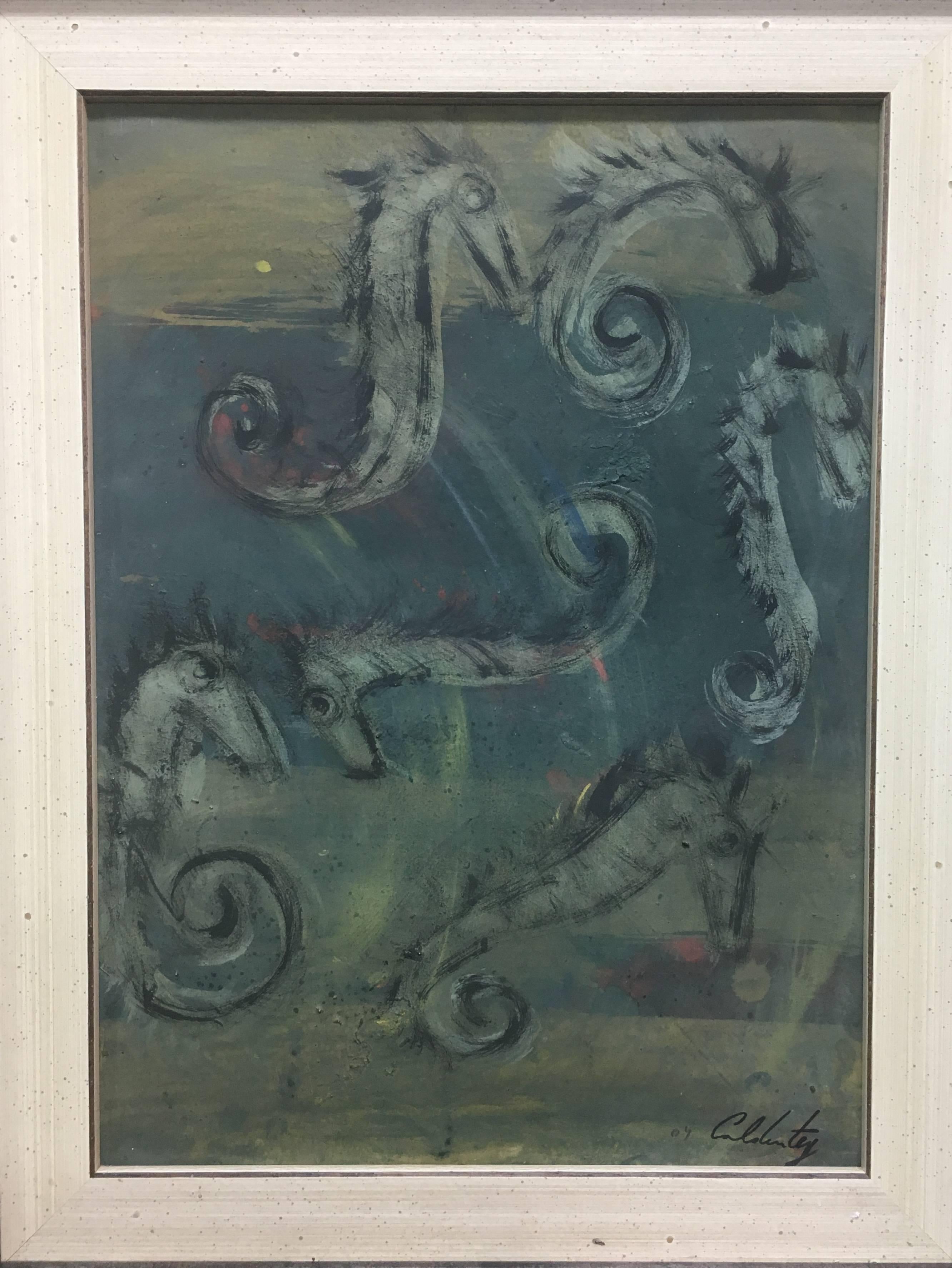 Caldentey  Grün Vertikal  Seepferdchen  Originales neoexpressionistisches Acryl (Abstrakt), Painting, von Toni CALDENTEY