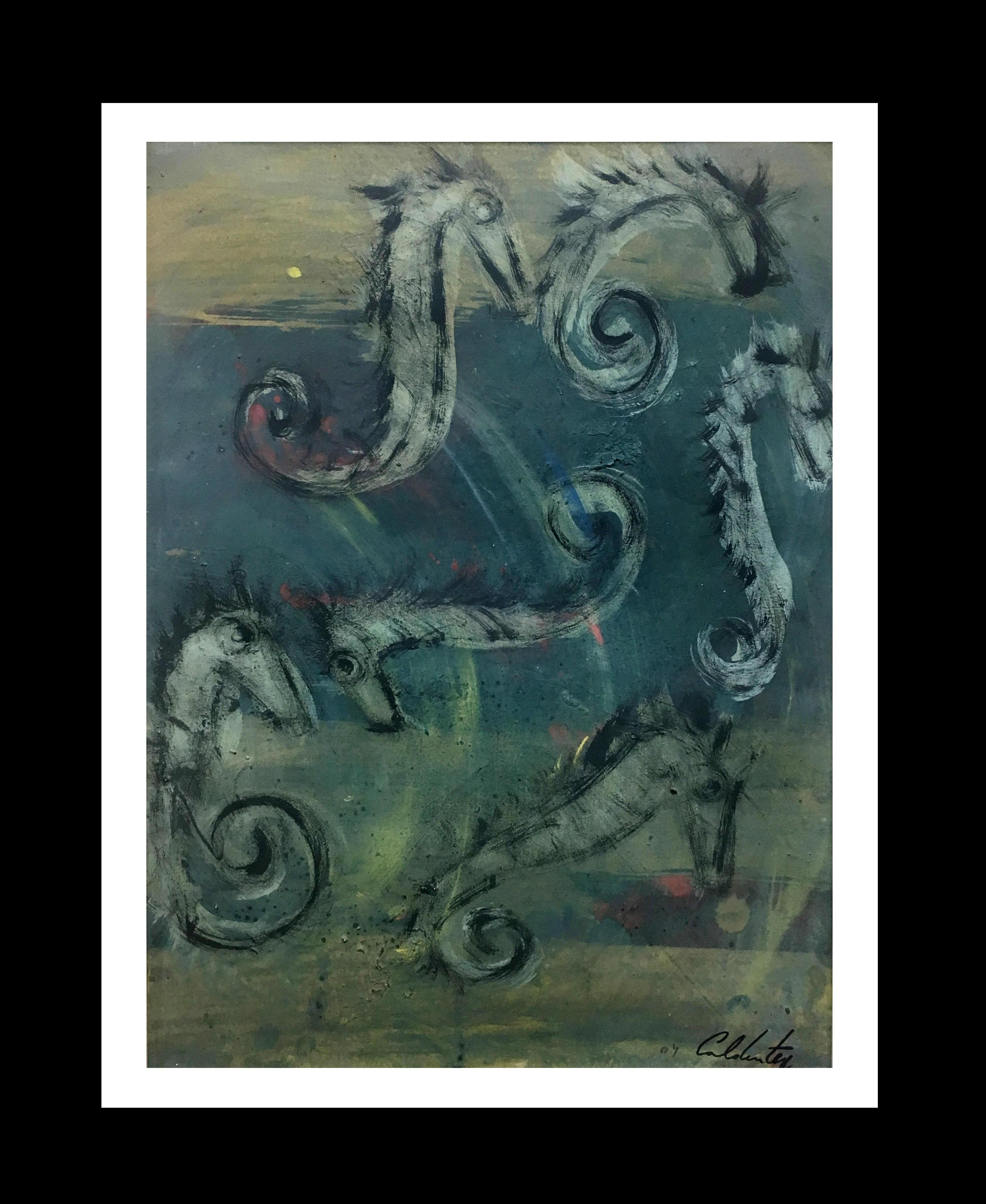 Toni CALDENTEY Abstract Painting – Caldentey  Grün Vertikal  Seepferdchen  Originales neoexpressionistisches Acryl
