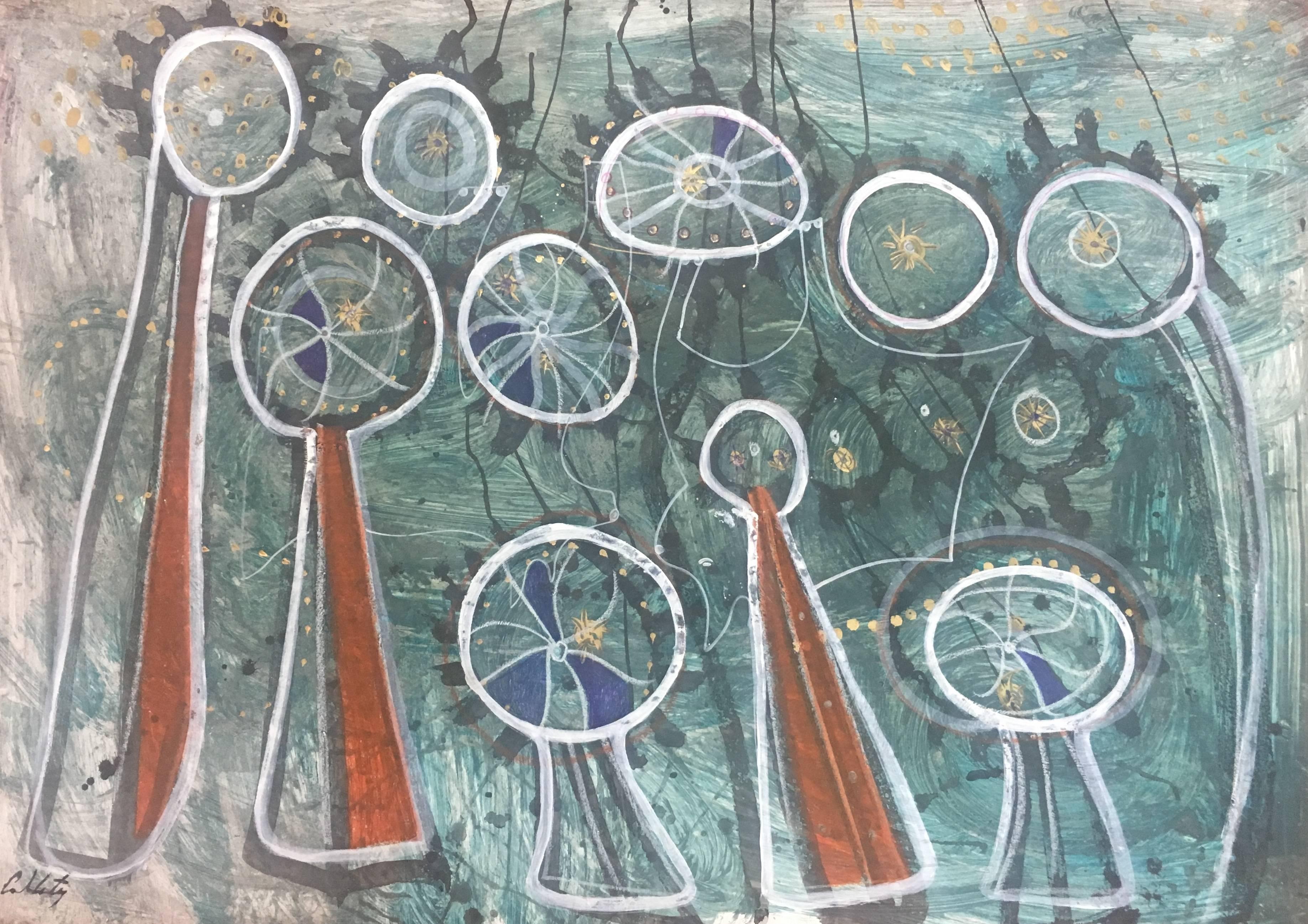 Caldentey  Grün  Windmühlen auf Mallorca  Originales neoexpressionistisches Acryl – Painting von Toni CALDENTEY