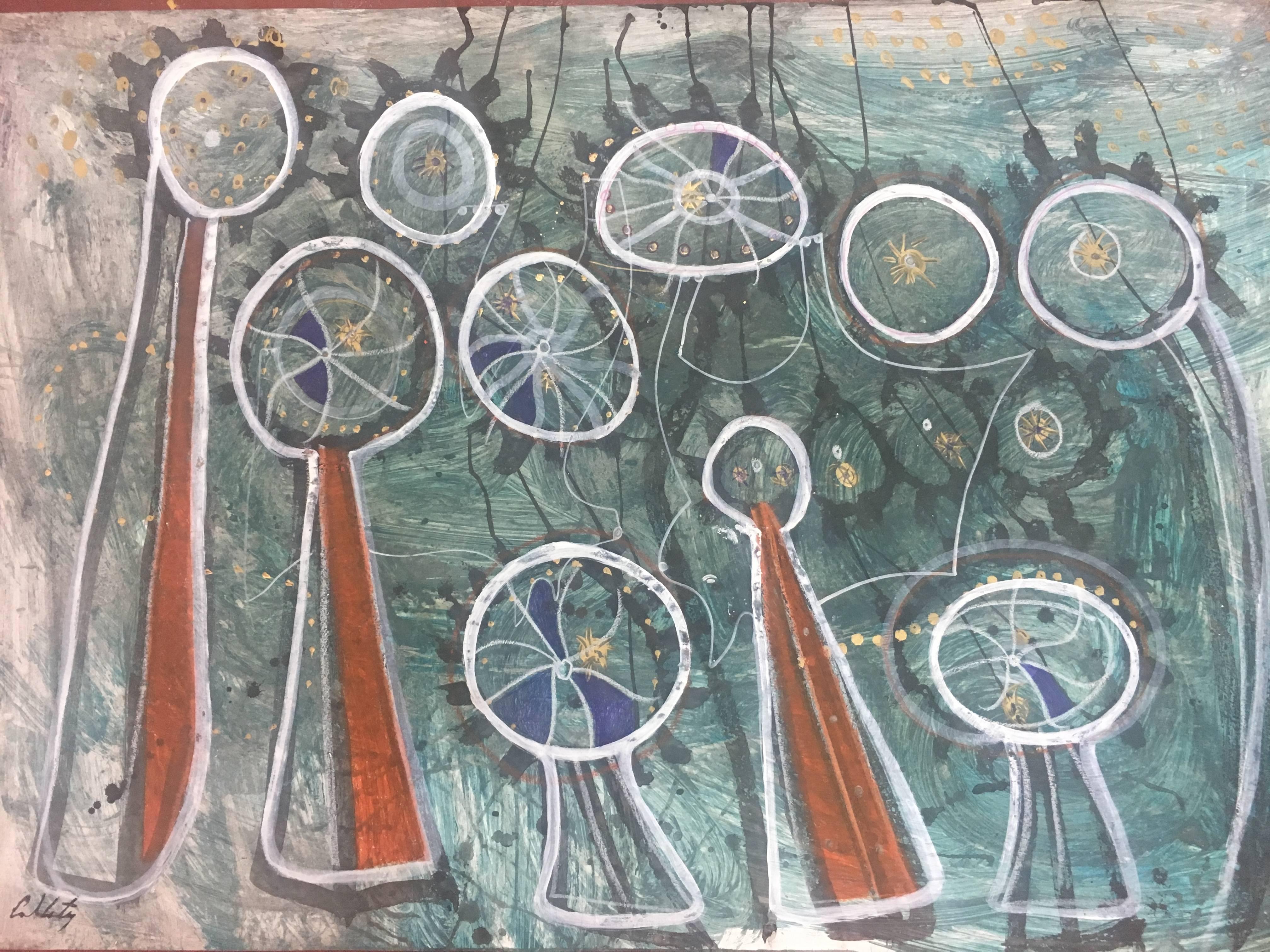 Caldentey  Grün  Windmühlen auf Mallorca  Originales neoexpressionistisches Acryl (Abstrakt), Painting, von Toni CALDENTEY