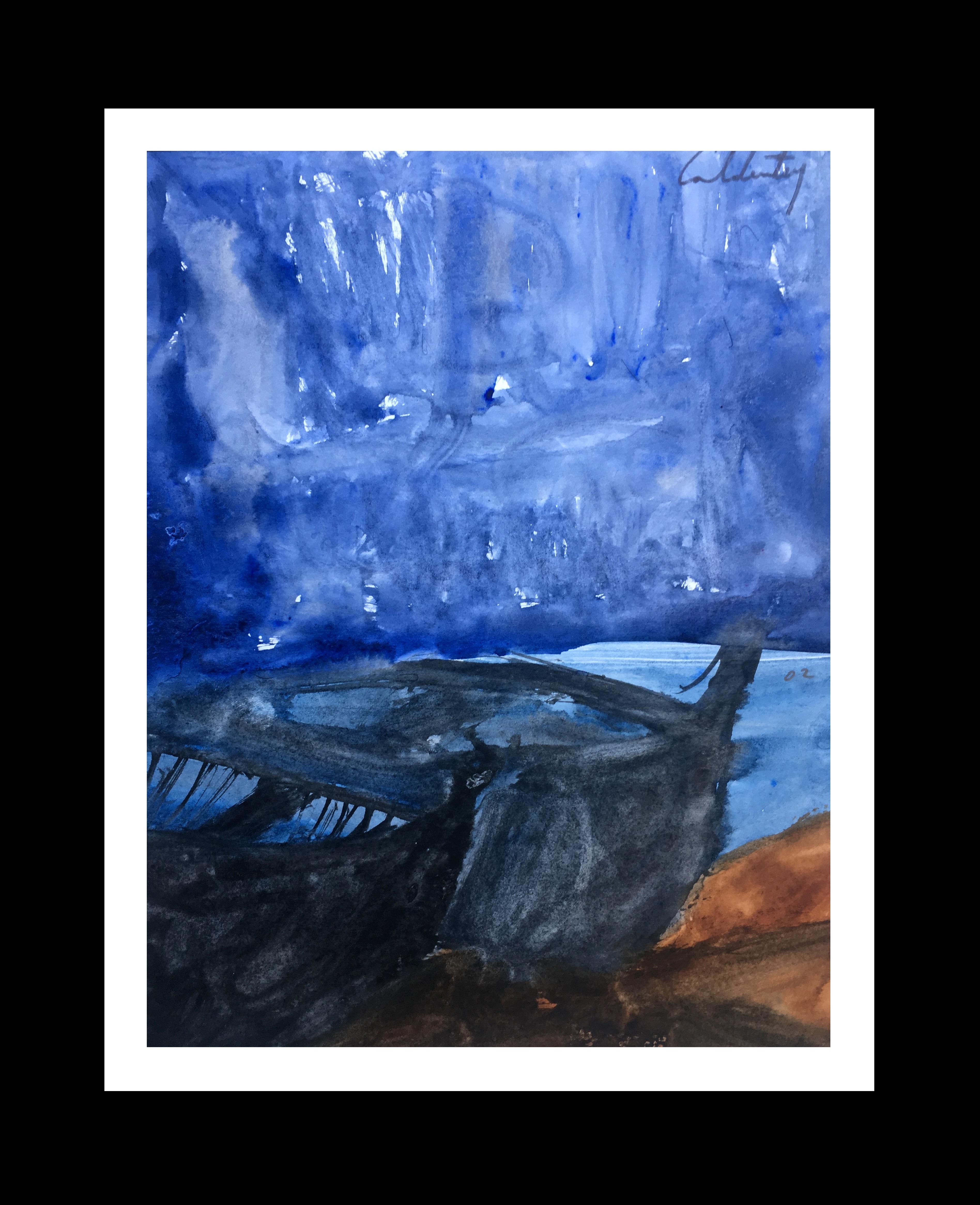  Caldentey  Vertical  Little  Blue  Boat  original neo-expressionist acrylic  - Painting by Toni CALDENTEY