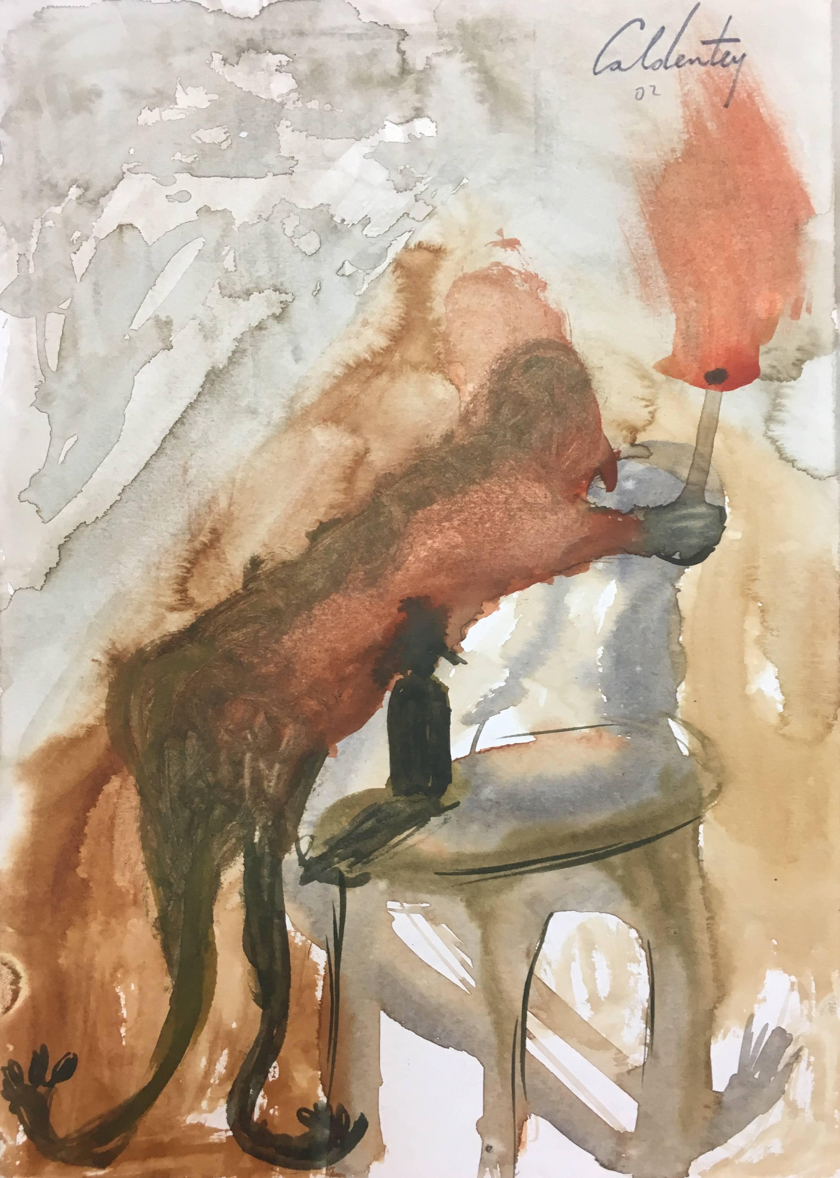 Caldentey  Vertical   Ocher  Golden  original neo-expressionist acrylic - Painting by Toni CALDENTEY