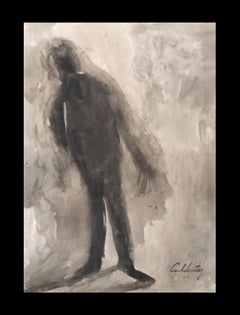 Der Kalte Mann  Originales figuratives Aquarell-Papiergemälde von Mallorca