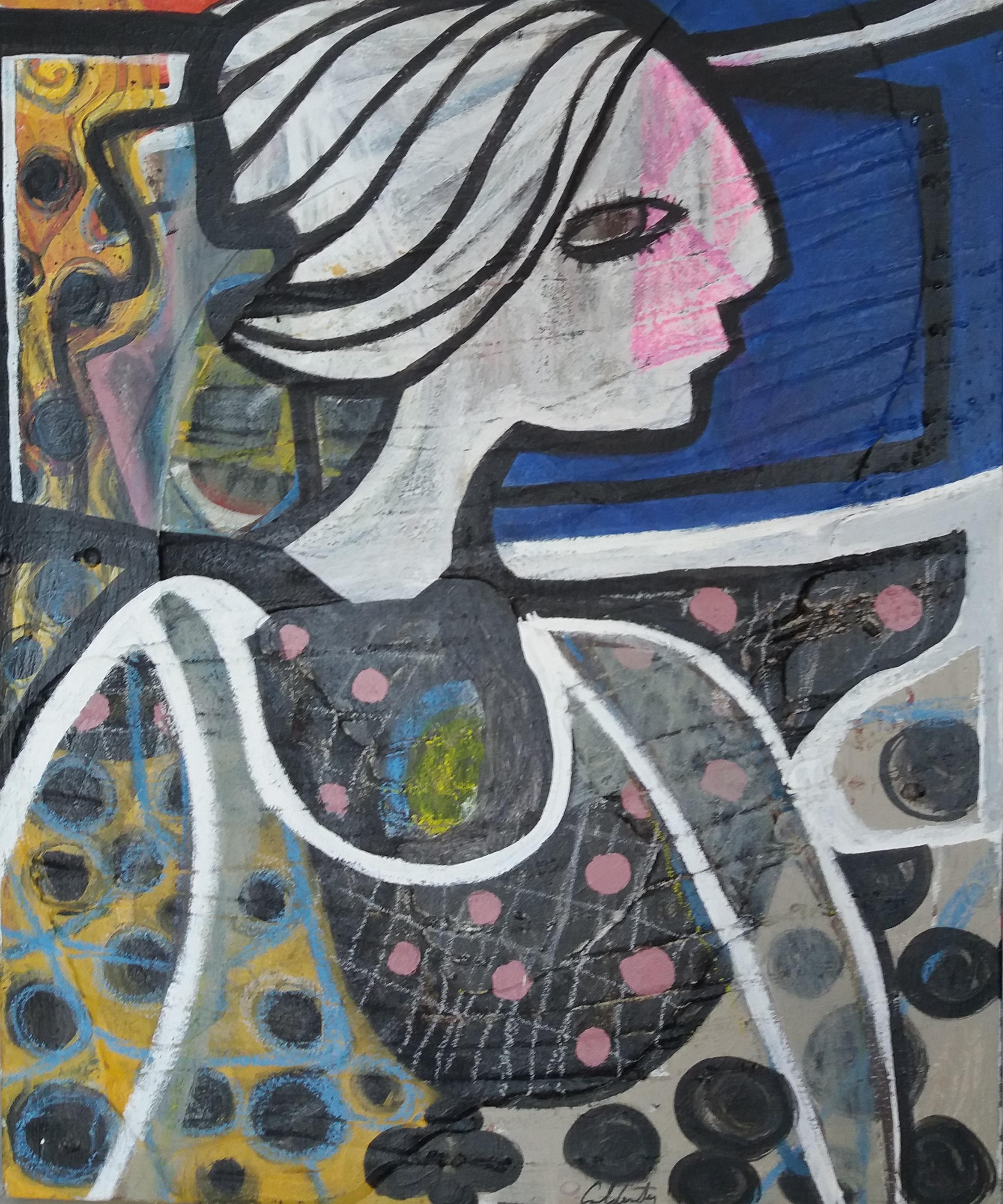 Woman Lina- Original Neo-expressionist Mixed media painting - Painting by Toni CALDENTEY