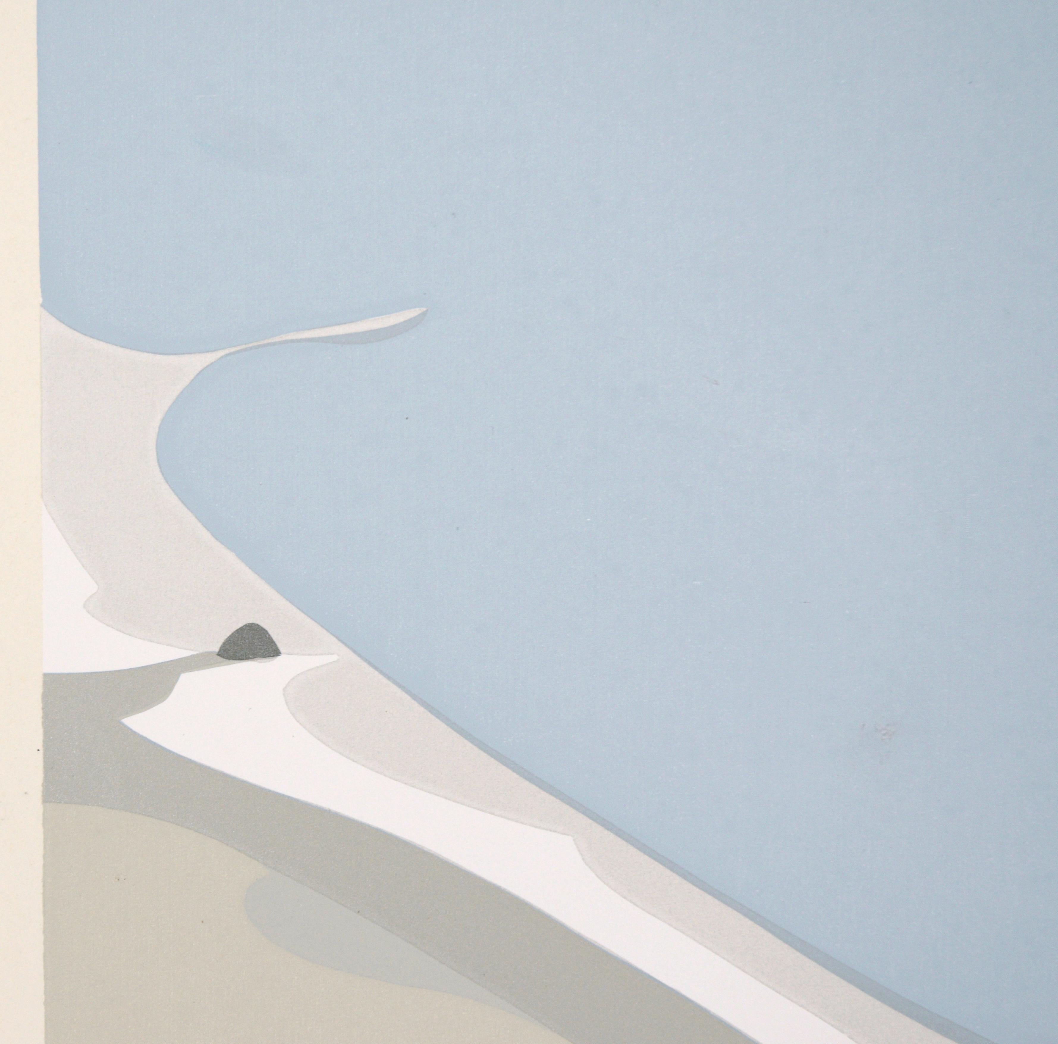 Atrevido paisaje minimalista de Toni Carner (estadounidense, nacida en 1957). Desde una vista aérea, el océano se representa como una gran mancha de color azul sólido. Enmarcando el agua por encima y por debajo hay franjas de tierra en varios tonos