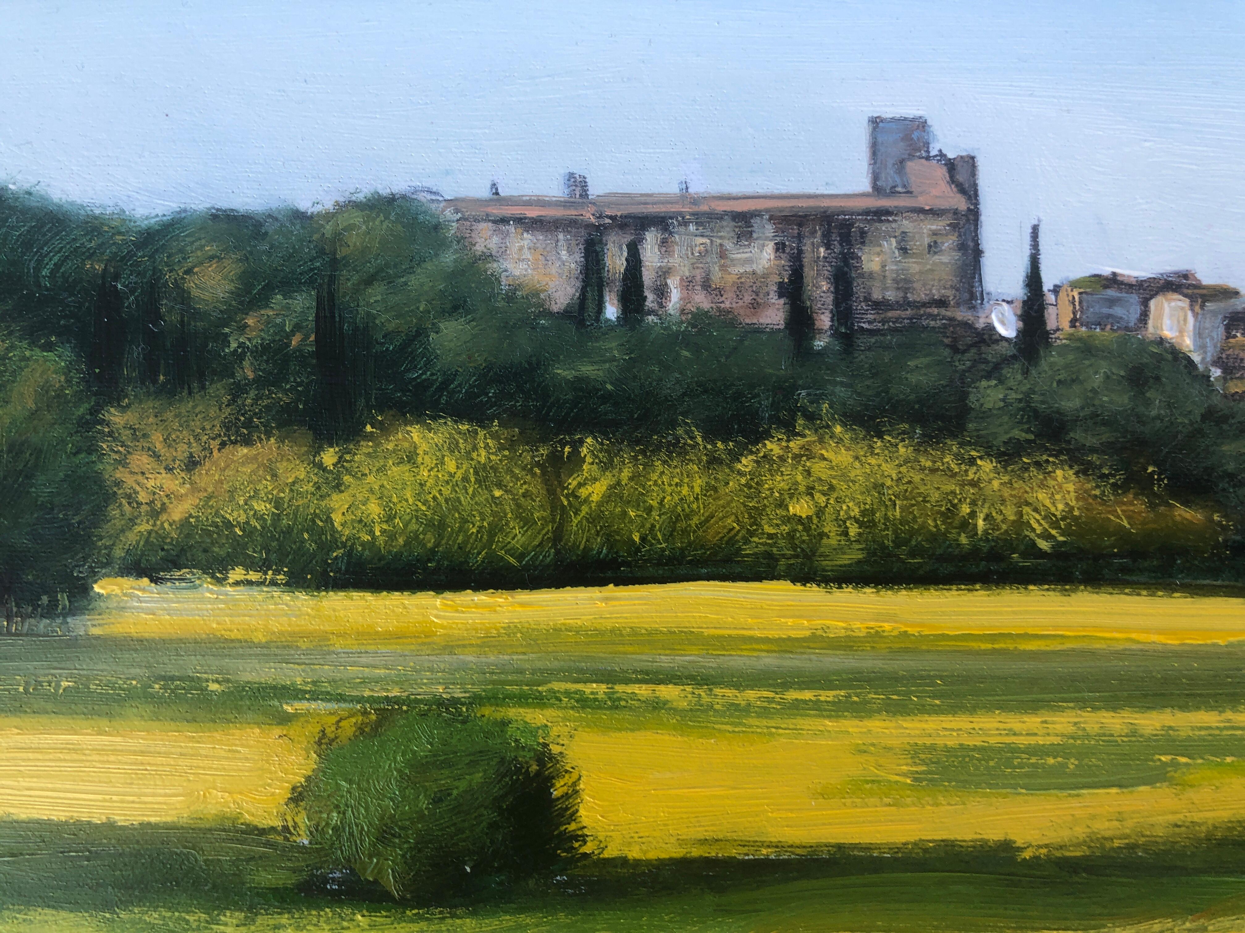girasoles Castillo del Emporda España óleo sobre lienzo paisaje español - Landscape Painting Marrón de Toni Cassany
