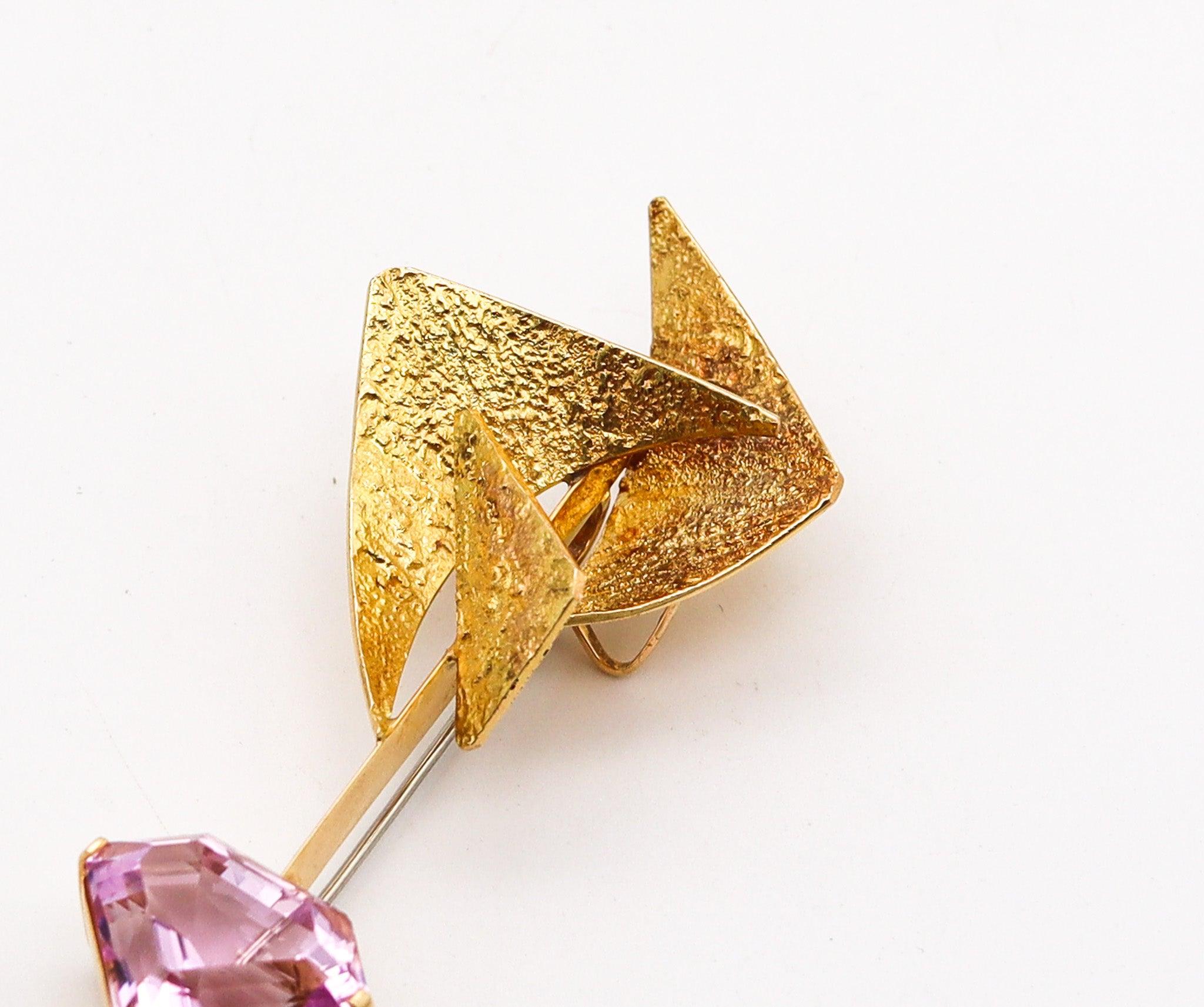 Modernist TONI CAVELTI 1965 Brutalist Convertible Pendant Brooch In 18Kt Gold With Kunzite