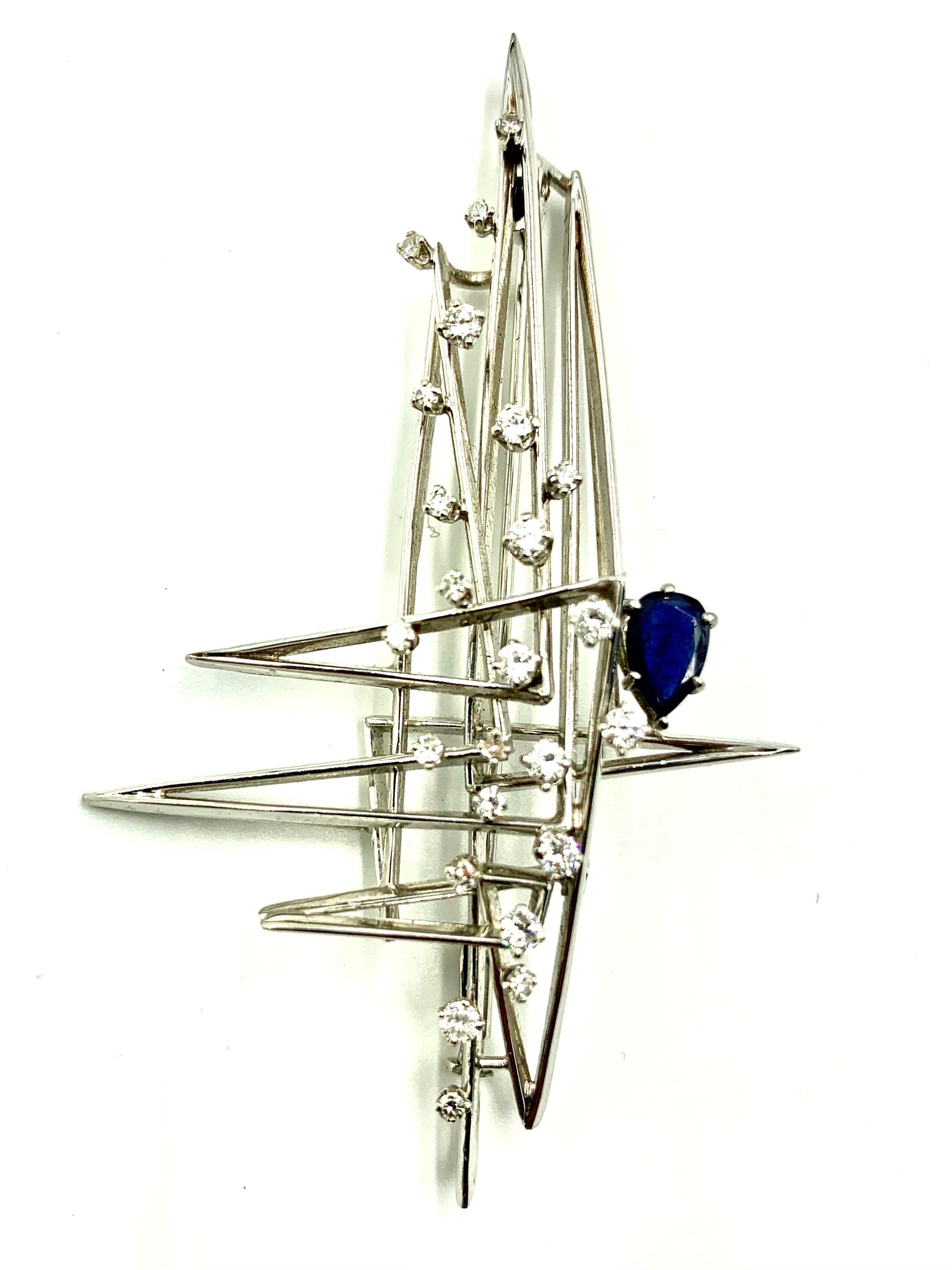 Toni Cavelti Diamond, Sapphire 18k White Gold Yacht Nautical Pendant, Brooch 2