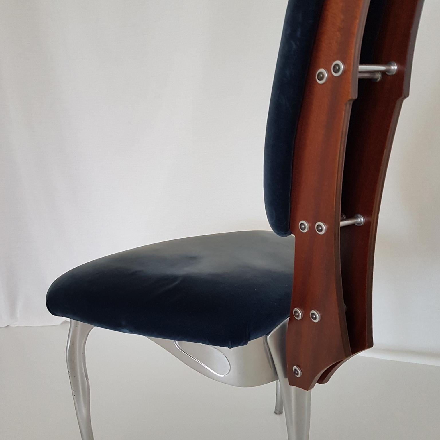 Toni Cordero Italian Morphos Blue Velvet Chair with Aluminium, Mahogany Frame  For Sale 4
