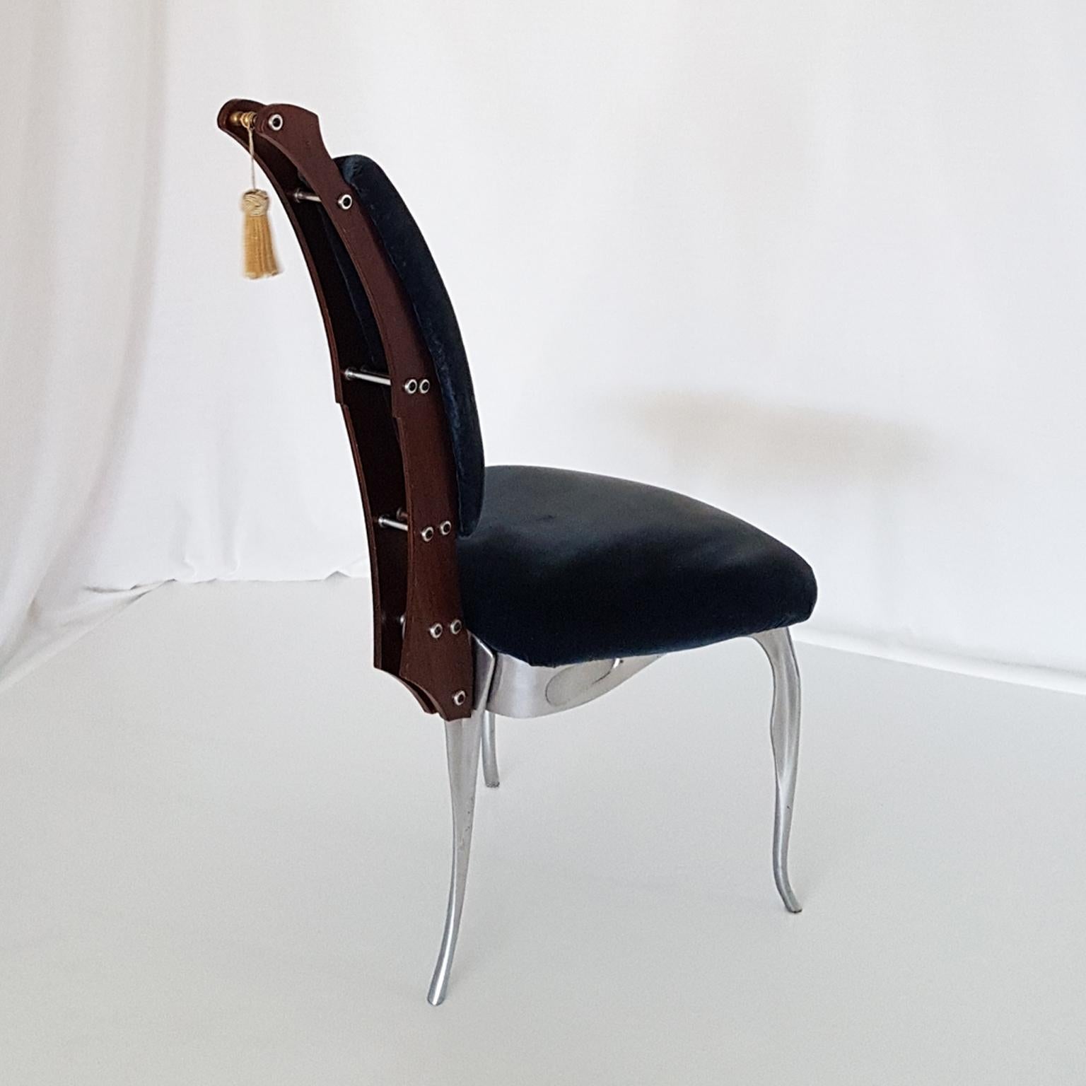 Aluminum Toni Cordero Italian Morphos Blue Velvet Chair with Aluminium, Mahogany Frame  For Sale