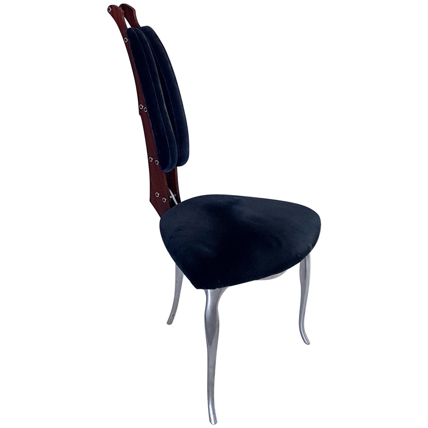 Toni Cordero Italian Morphos Blue Velvet Chair with Aluminium, Mahogany Frame  For Sale