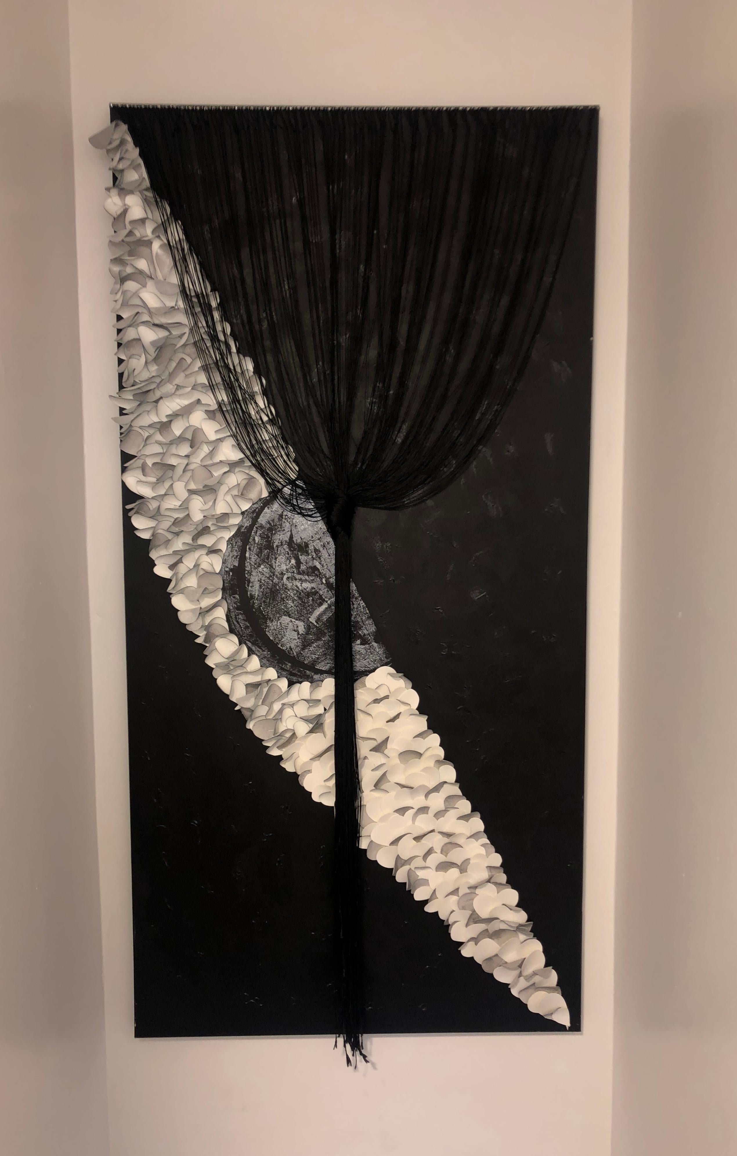 Acrylic on canvas, large abstract fashion painting. Black and white. Contemporary minimalism, geometric abstraction. Eco leather and thread. 
Signed with the artist's initials on the side. 
Toni Erm is a contemporary minimalist based in New York,