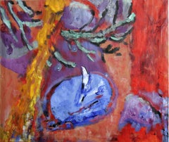 Luna del deserto, pittura ad olio astratta e colorata, sfondo rosso