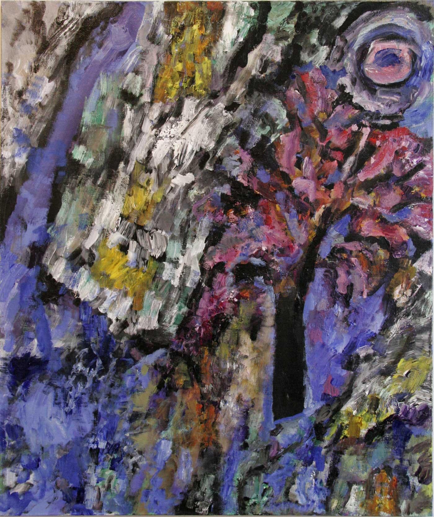Purple Tree - abstract impressionist, figurative oil on linen, rich bold colors - Painting by Toni Franovic