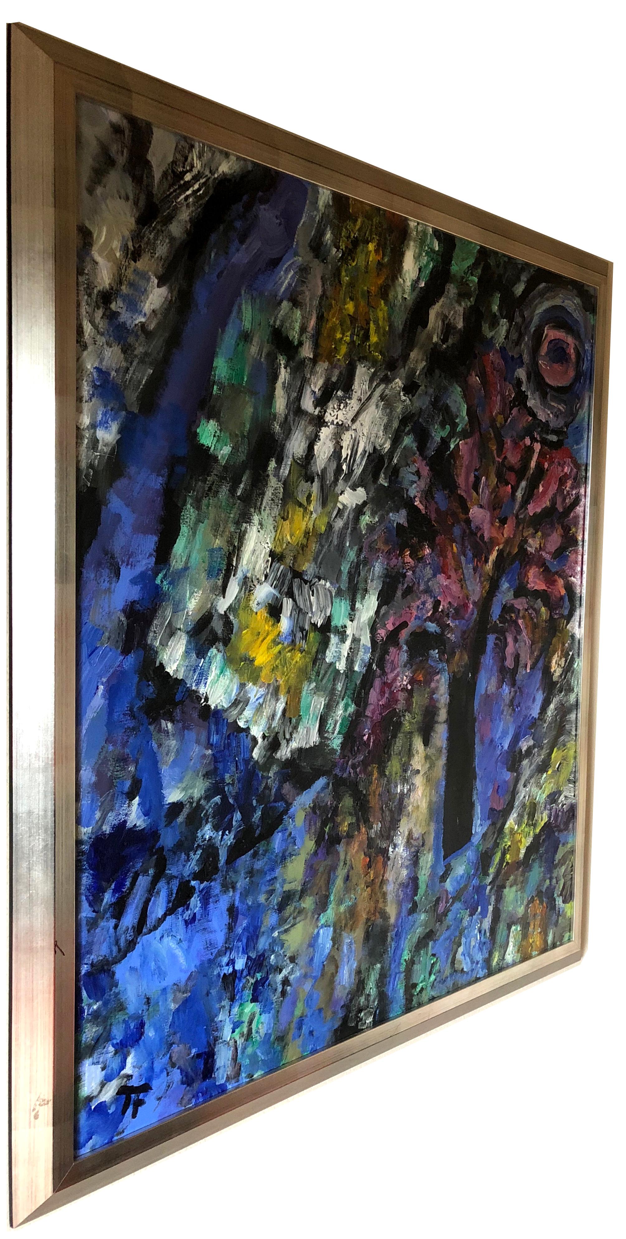Albero viola - olio astratto impressionista e figurativo su lino, con colori intensi e decisi - Painting Contemporaneo di Toni Franovic