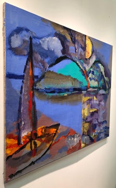 Sailing Boat, Abstract and colorful oil painting on canvas, sailboat, blue sky