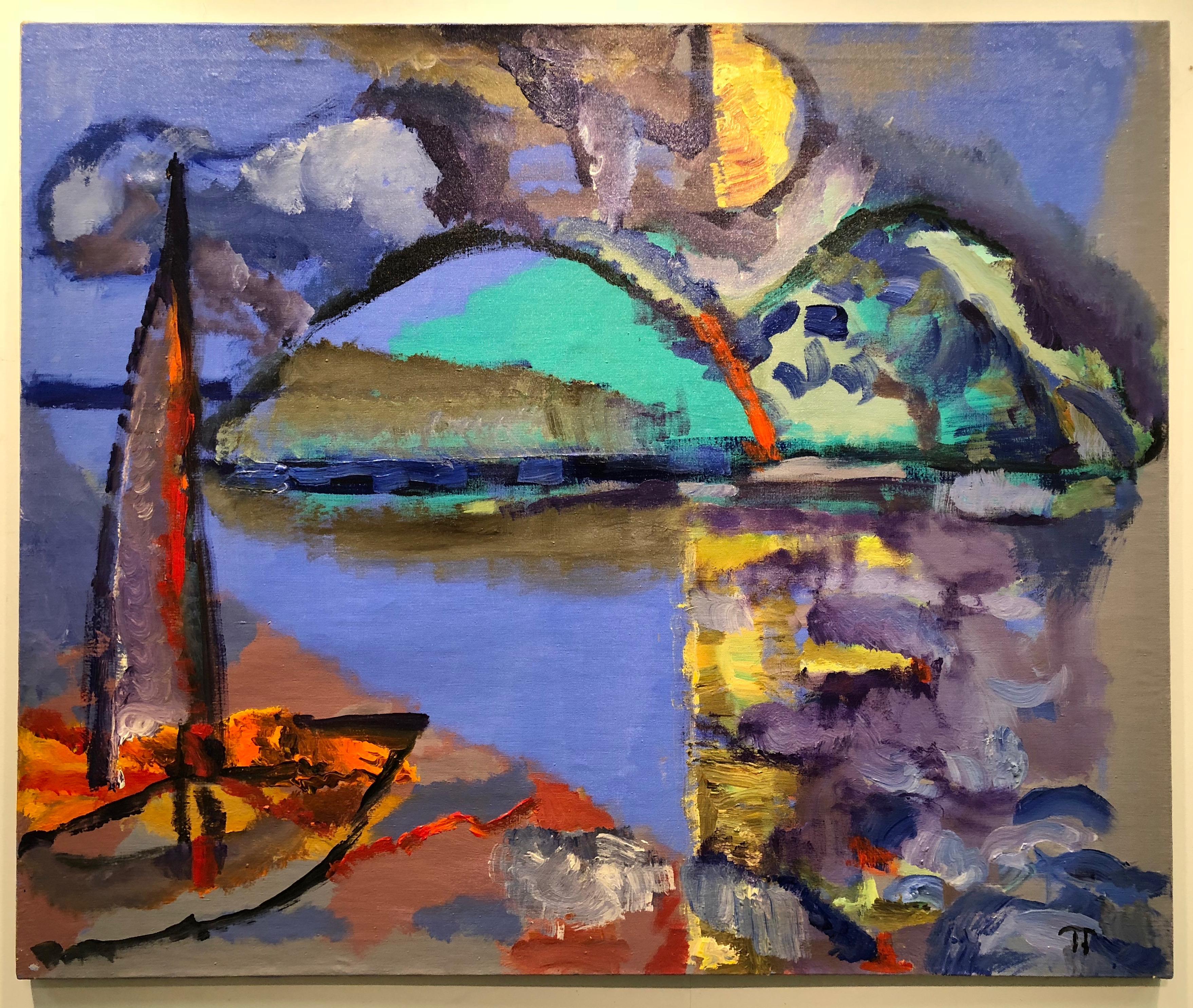 Sailing Boat, Abstract and colorful oil painting on canvas, sailboat, blue sky